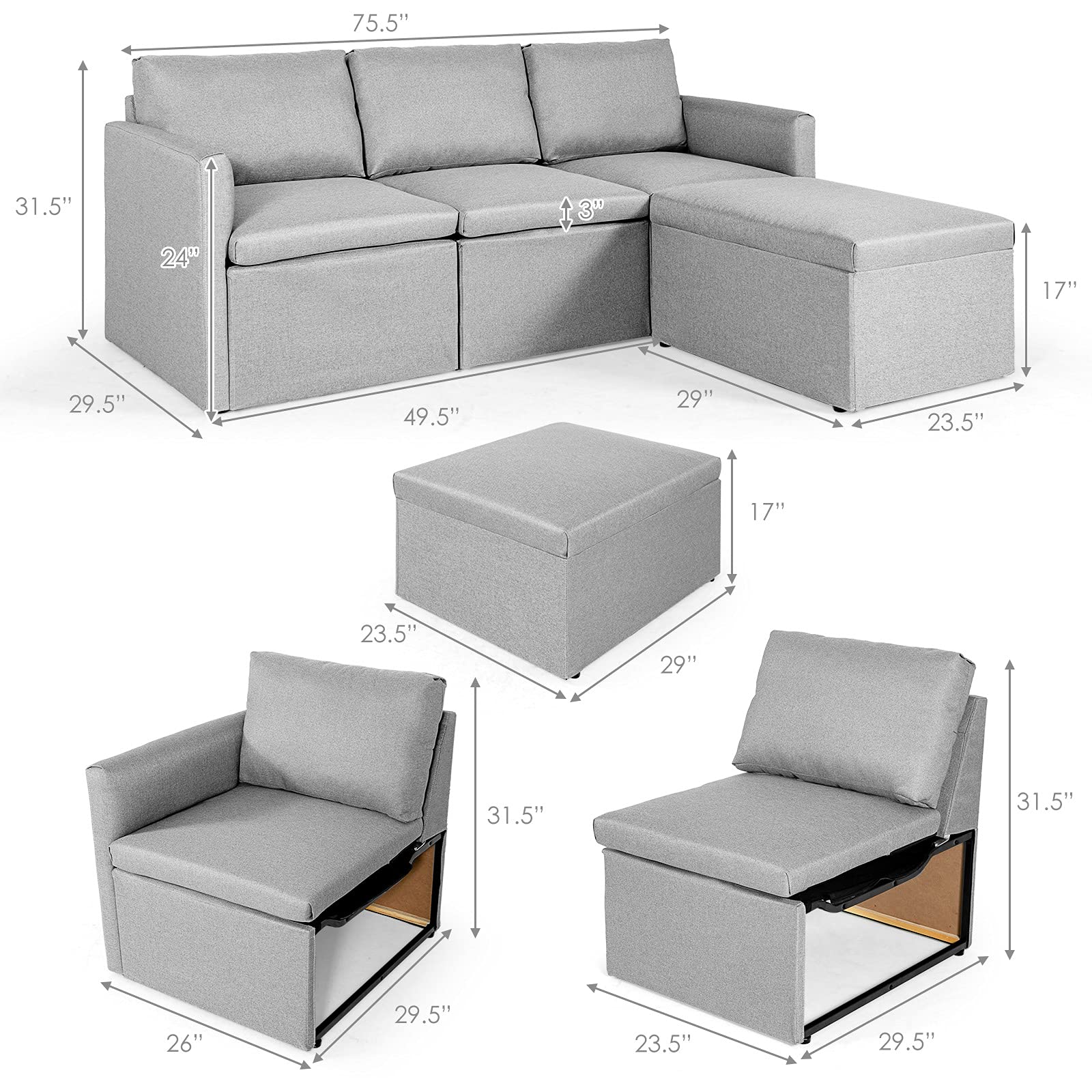 Modern L-Shaped Convertible Sectional Sofa Couch with Reversible Chaise