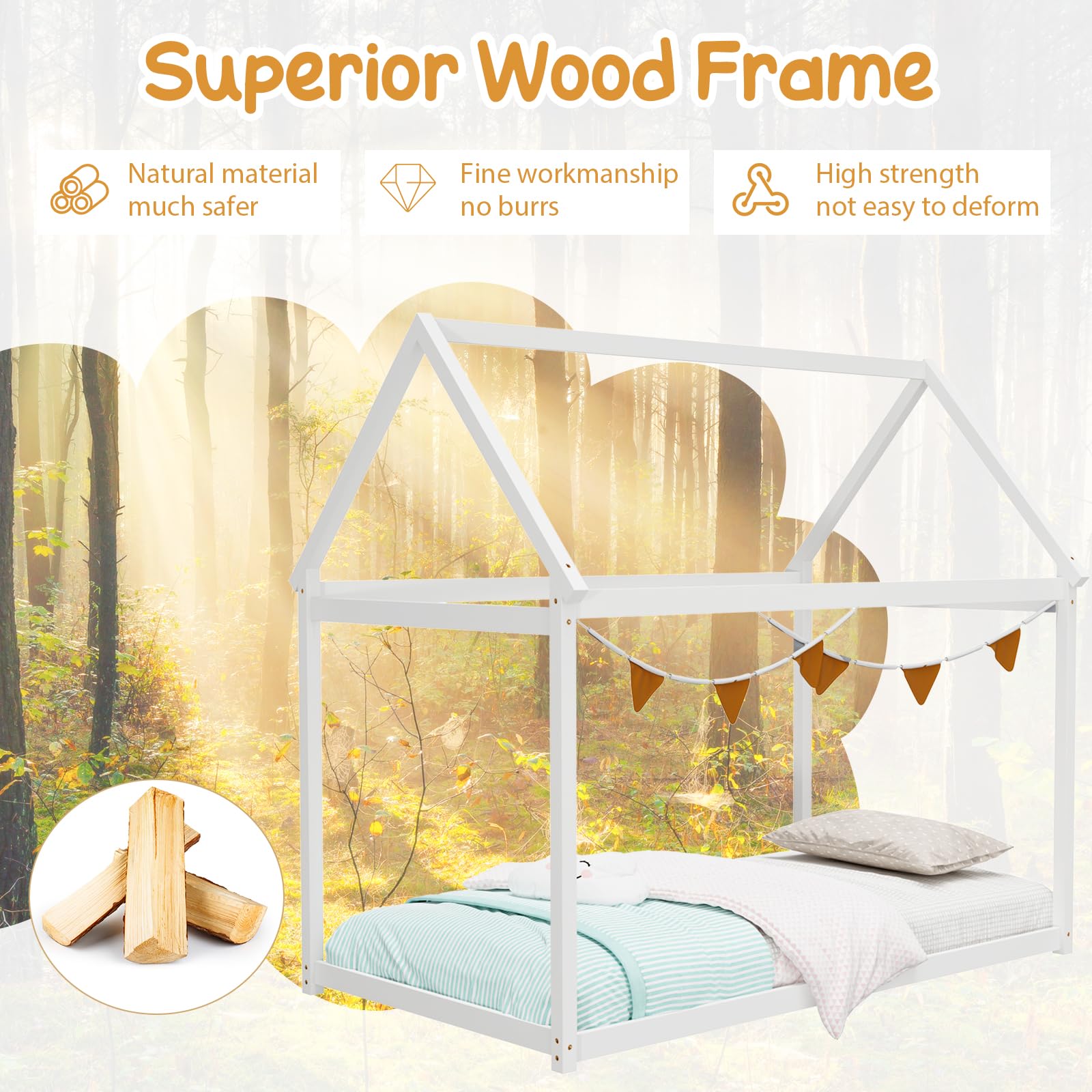 Twin Size House Bed for Kids, Solid Wood Platform Floor Bed with Roof & Multiple Slats