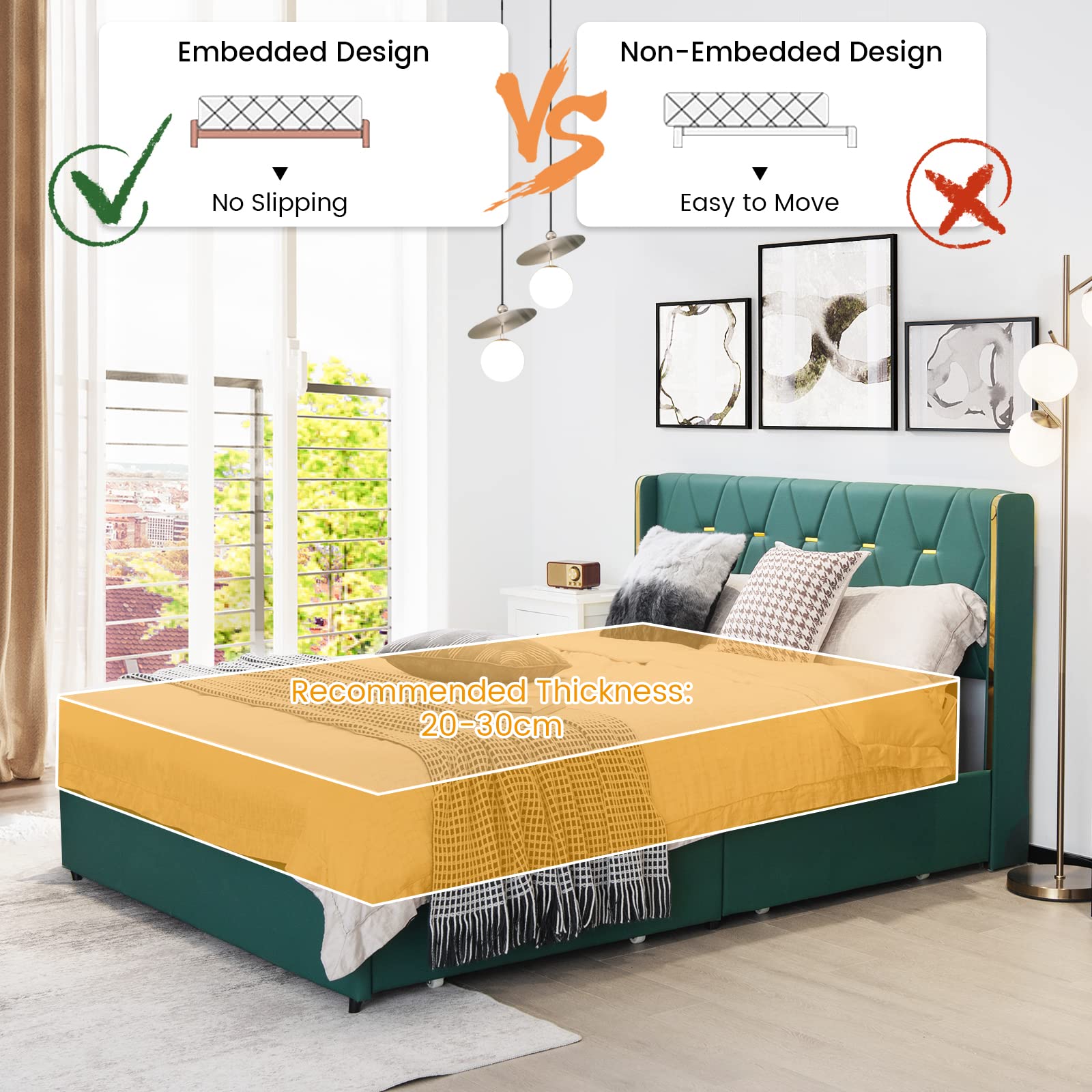 Full/Queen Upholstered Bed Frame with 4 Rolling Storage Drawers, Space Saving PU Leather Bed Frame