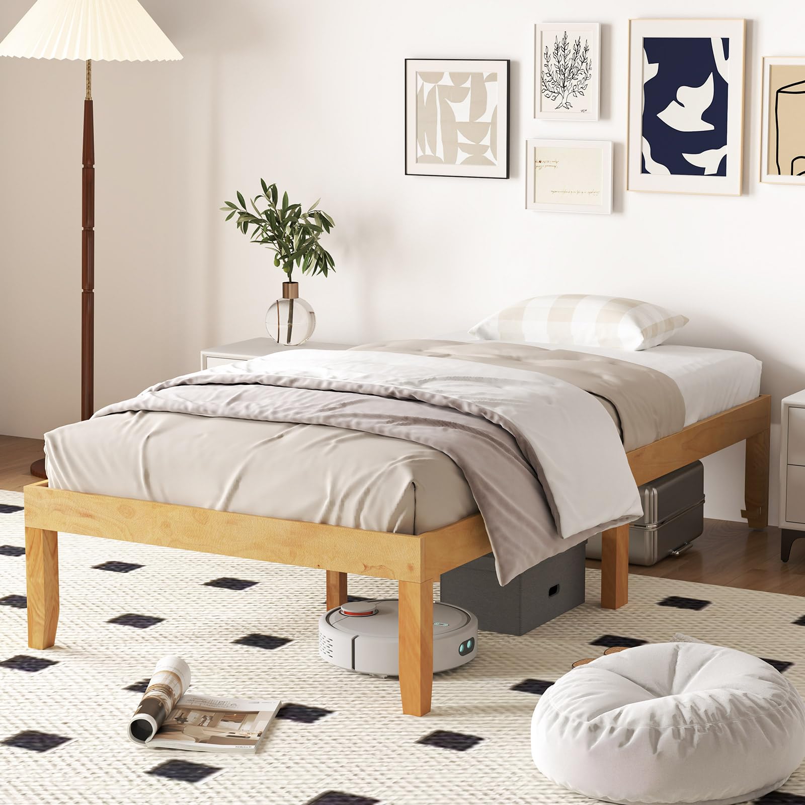 Wood Platform Bed Frame, 14 Inches Wooden Mattress Foundation with Solid Rubber Wood Legs