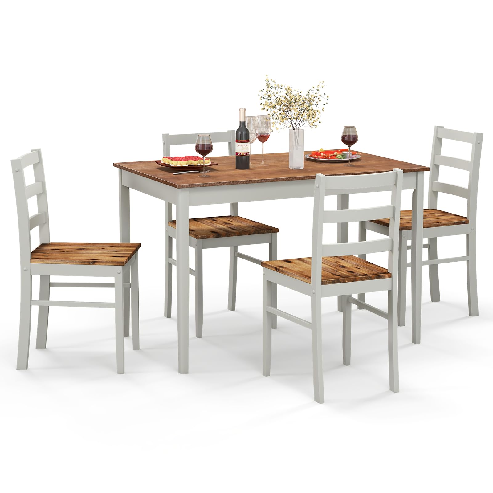 Dining Table Set for 4, Farmhouse Solid Wood Dining Set w/Rubber Wood Legs