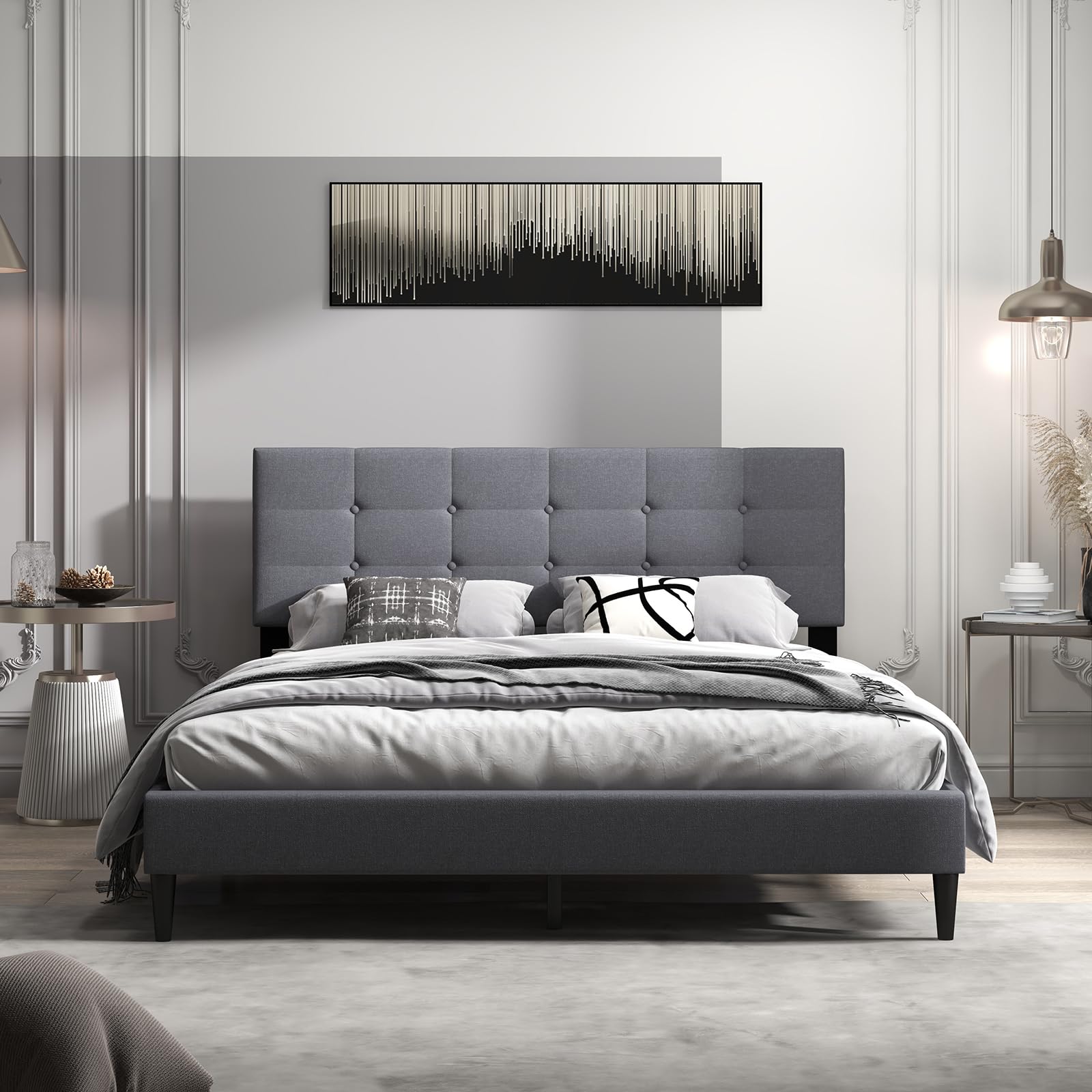 Twin/Queen Size Upholstered Platform Bed Frame with Button Tufted Linen Fabric Headboard