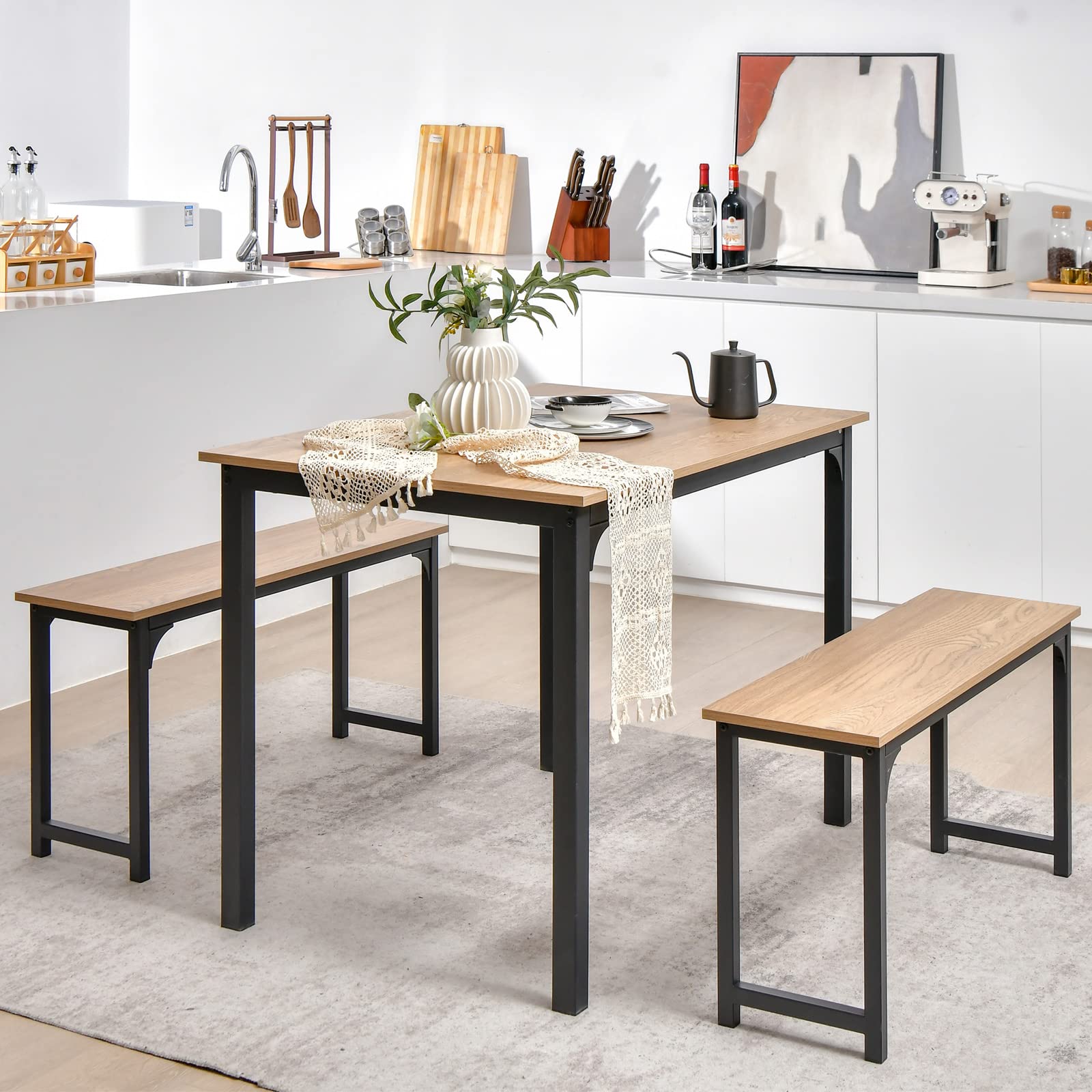 Dining Table Set for 4, 3-Piece Kitchen Table with 2 Benches