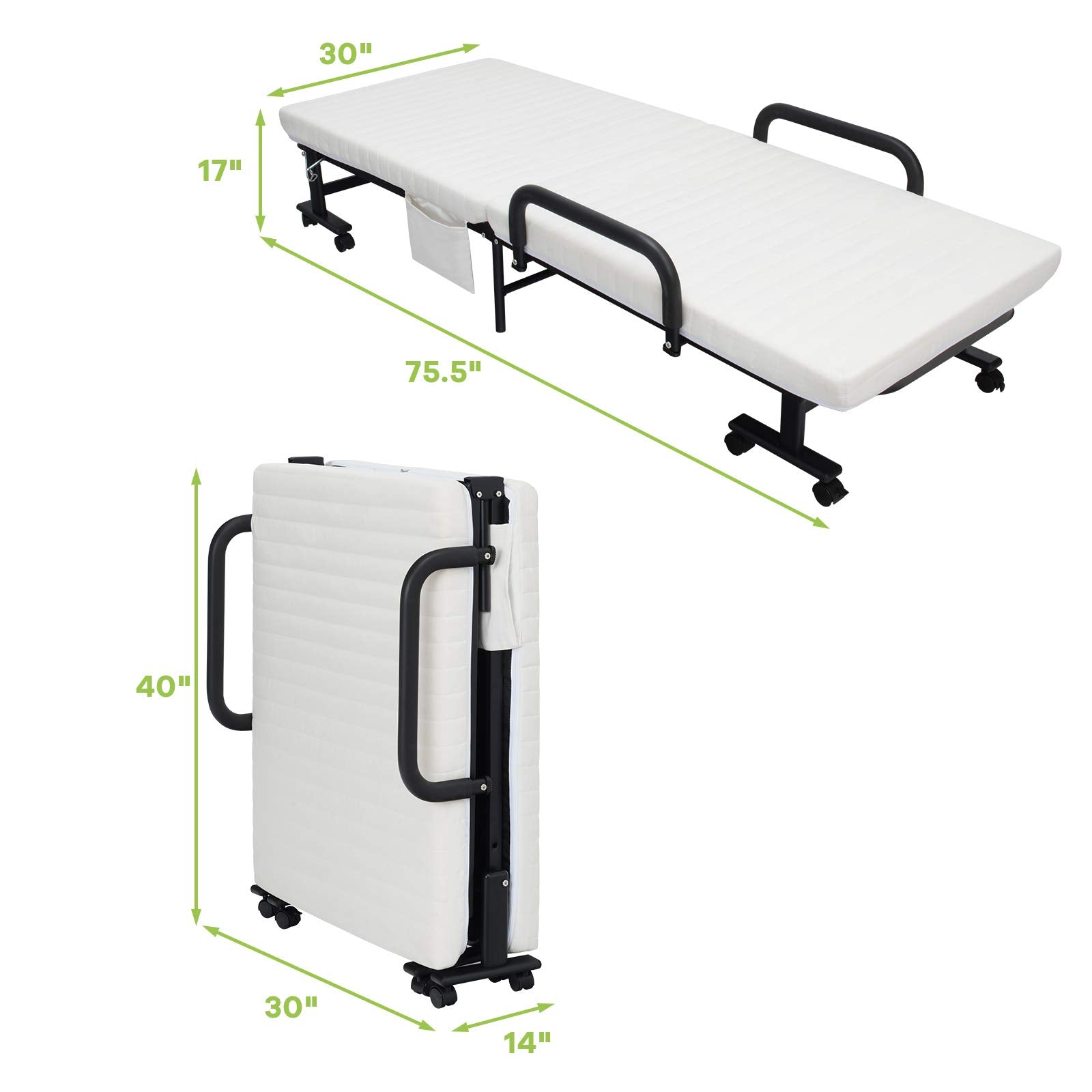 Portable Guest Bed with 6 Positions Adjustable Backrest & Side Storage Pocket