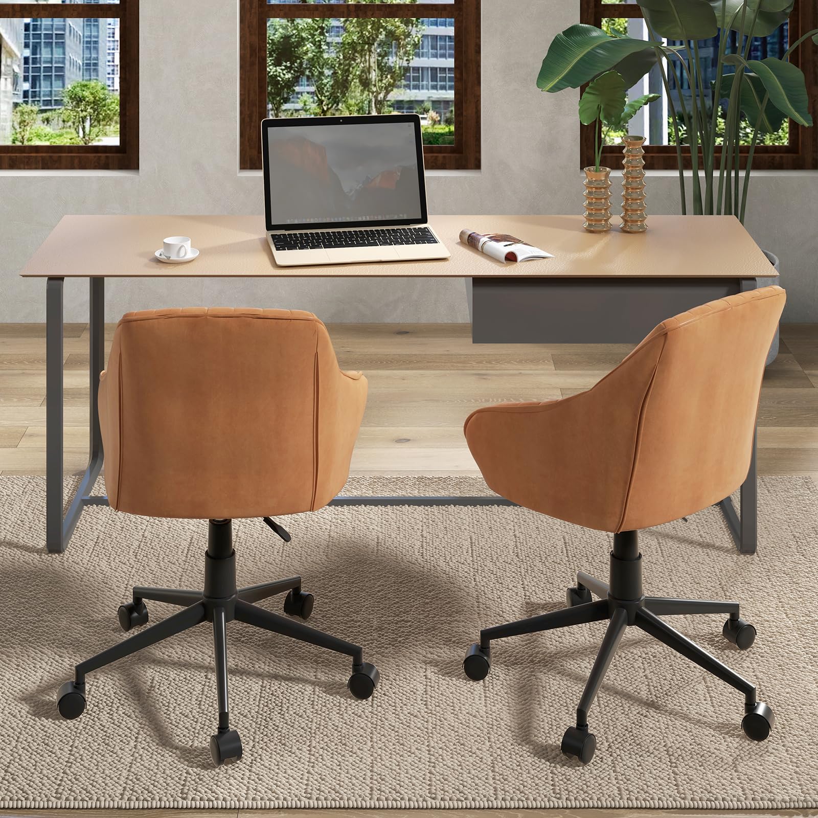 Leather Office Chair Brown, Mid Century Desk Chair with Wheels and Ergonomic Armrests