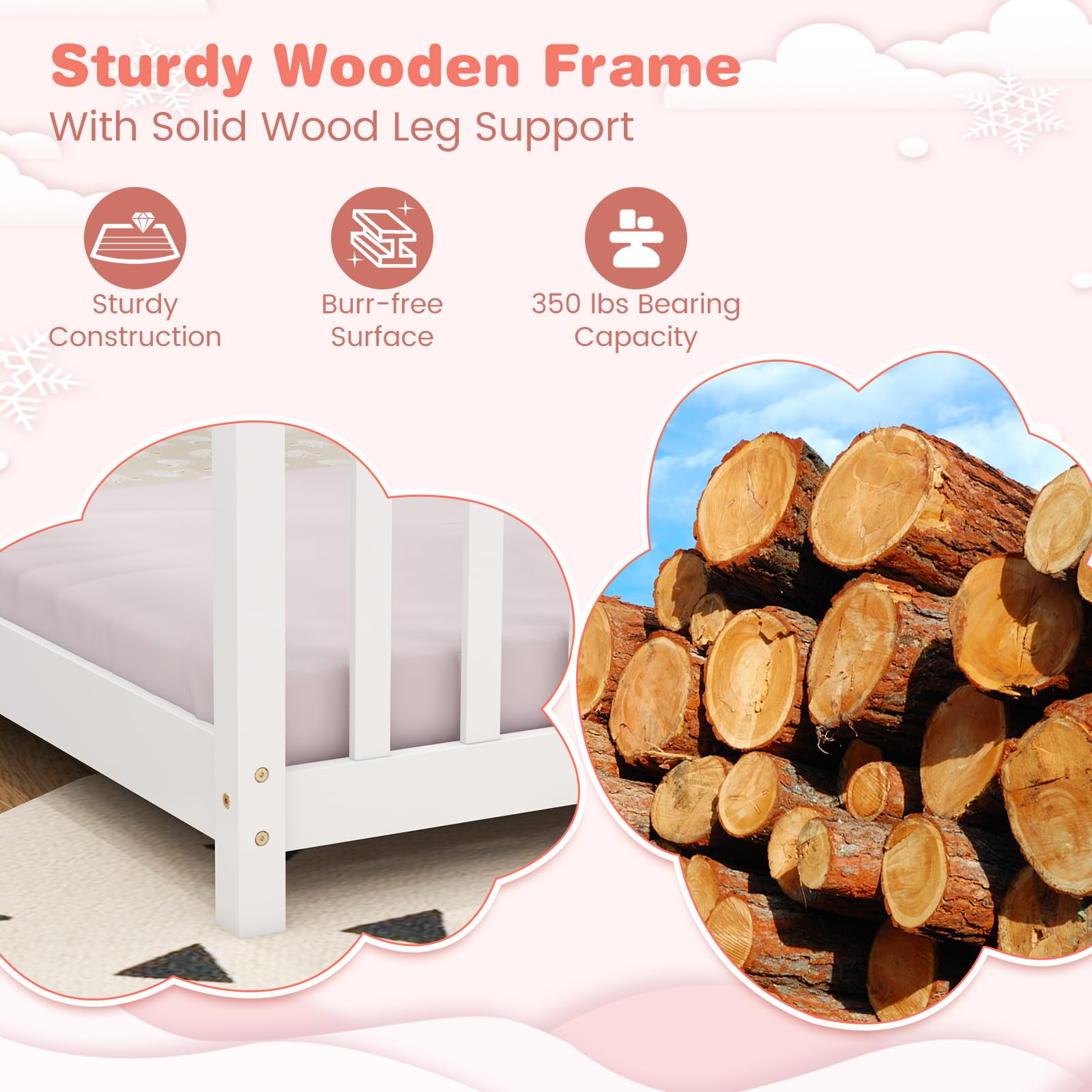 Twin Wood Kids House Bed with Roof, Headboard and Footboard