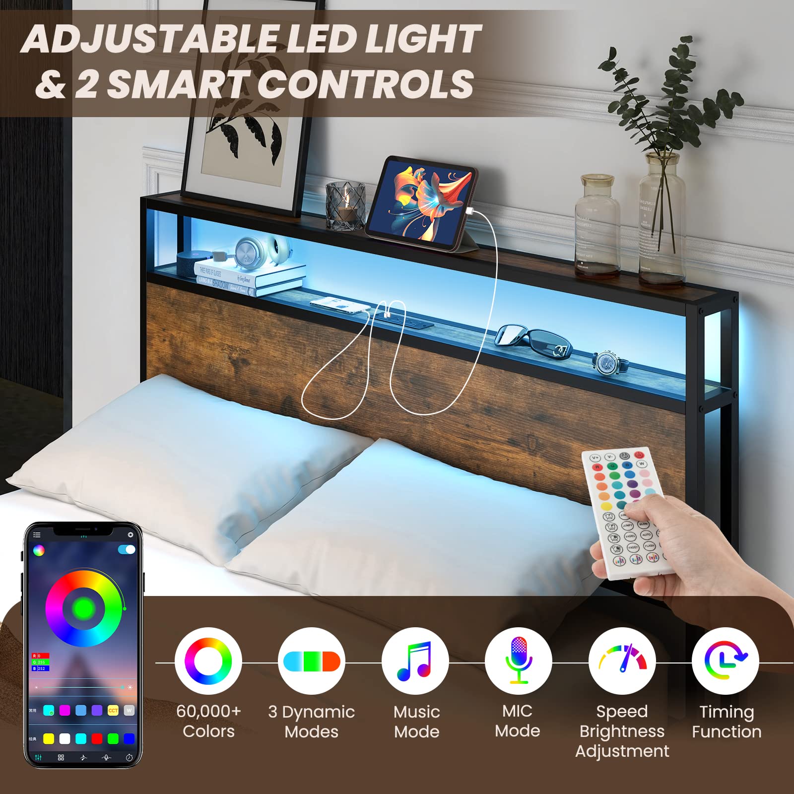 Metal Bed Frame with LED Lights Headboard and 4 Storage Drawers, Outlets and USB Ports Charging Station