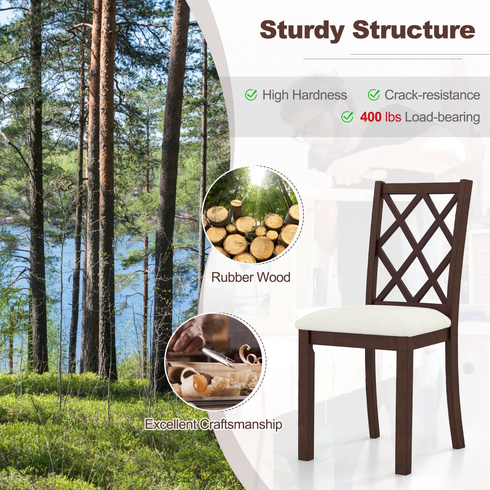 Wood Dining Chairs Set of 2/4, Farmhouse Kitchen Chair with Rubber Wood Legs