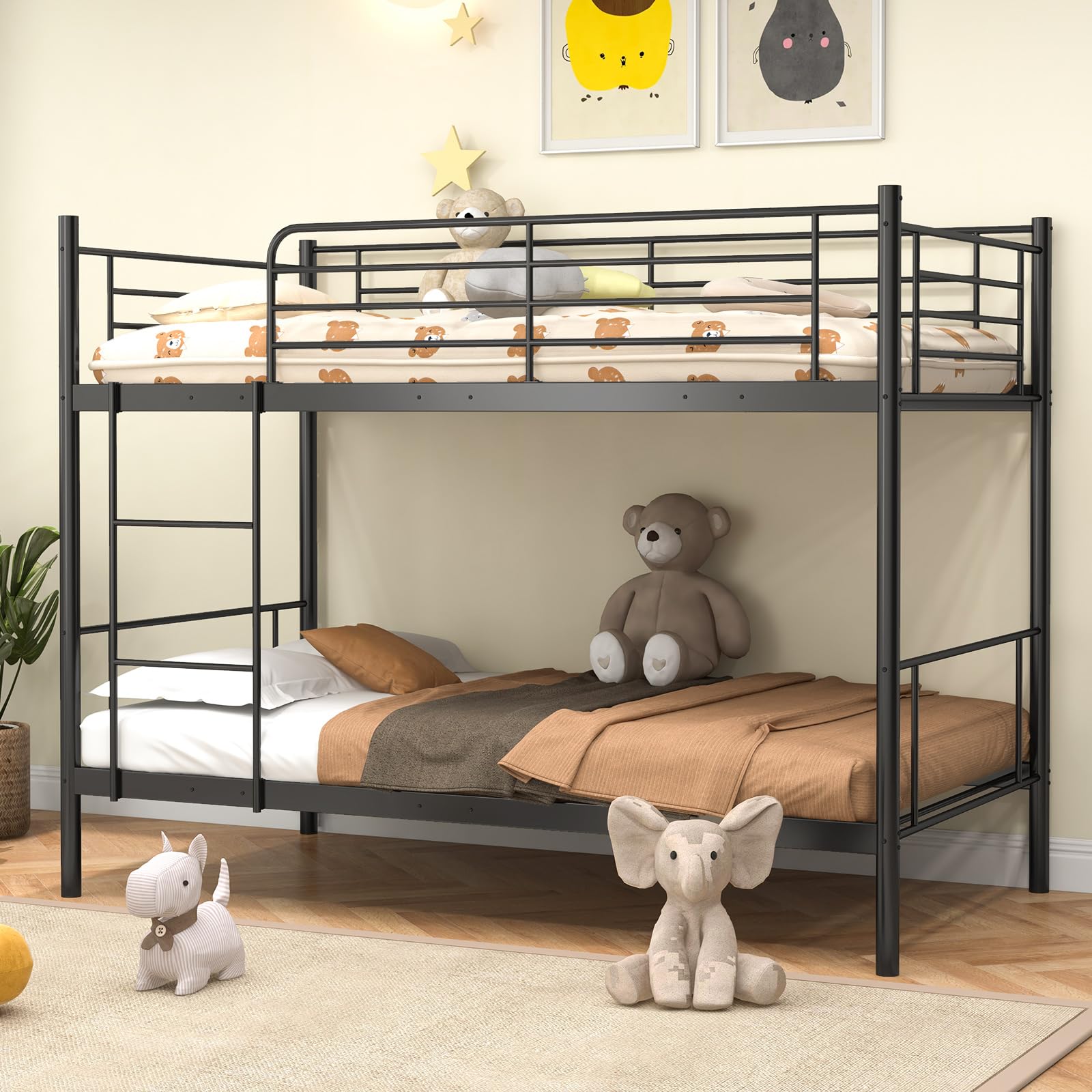 Twin Over Twin Metal Bunk Bed with Ladder & Full-Length Guardrails