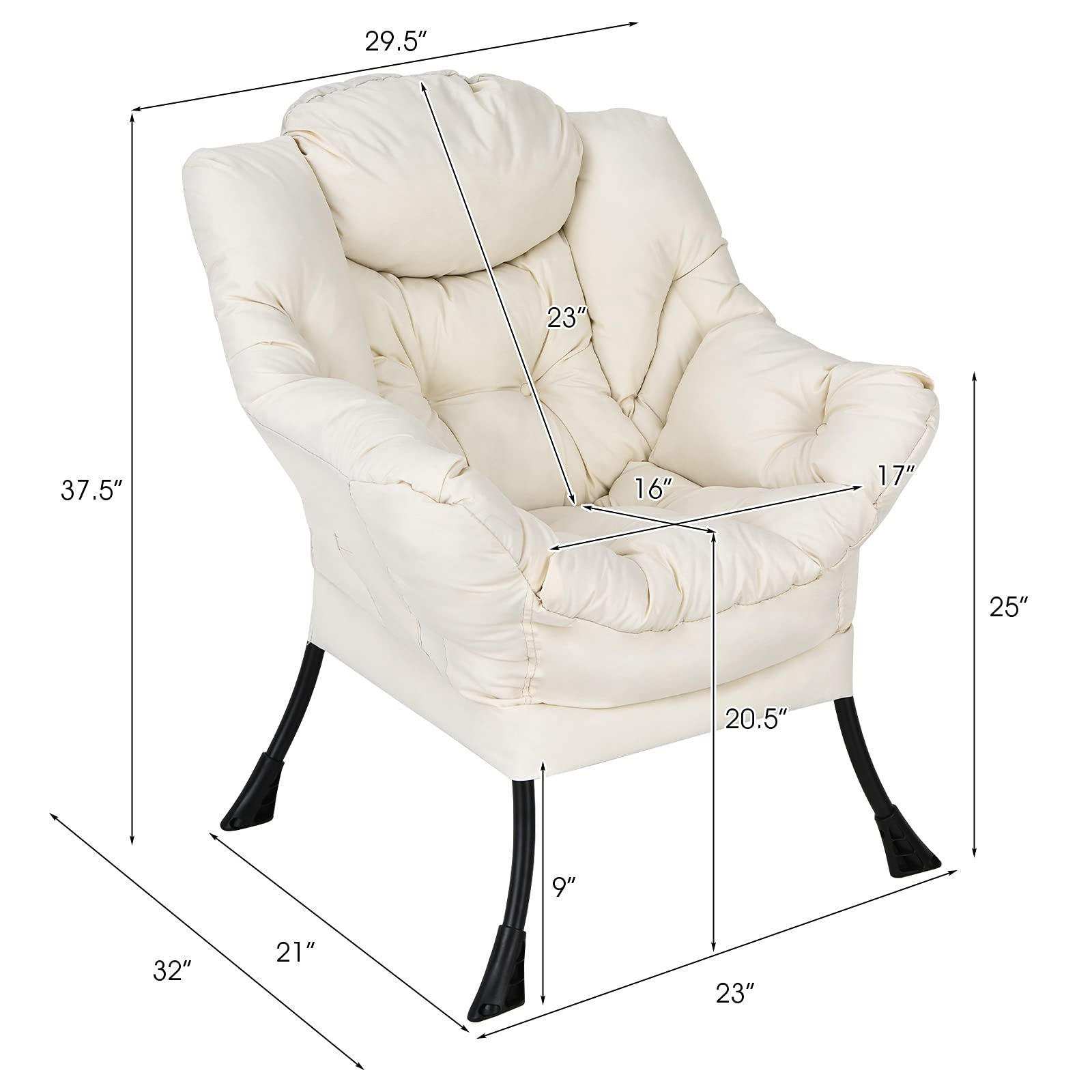 Modern Lazy Chair, Upholstered Single Sofa Chair w/Armrests & Side Pocket
