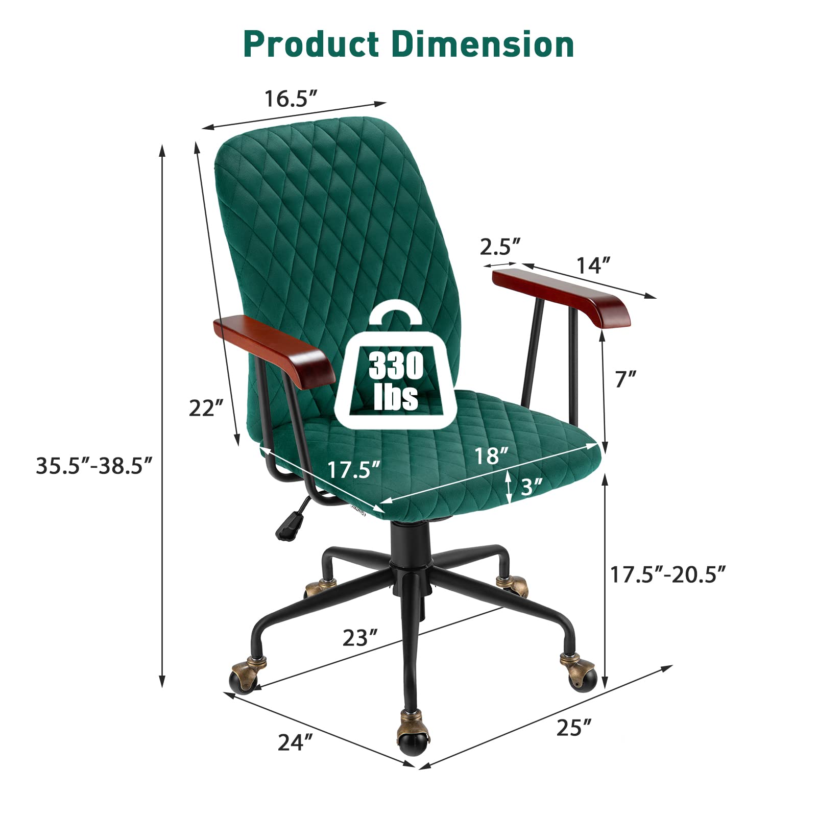 Home Office Desk Chair, Vintage Adjustable Swivel Rolling Chair with Copper Wheels & Armrest
