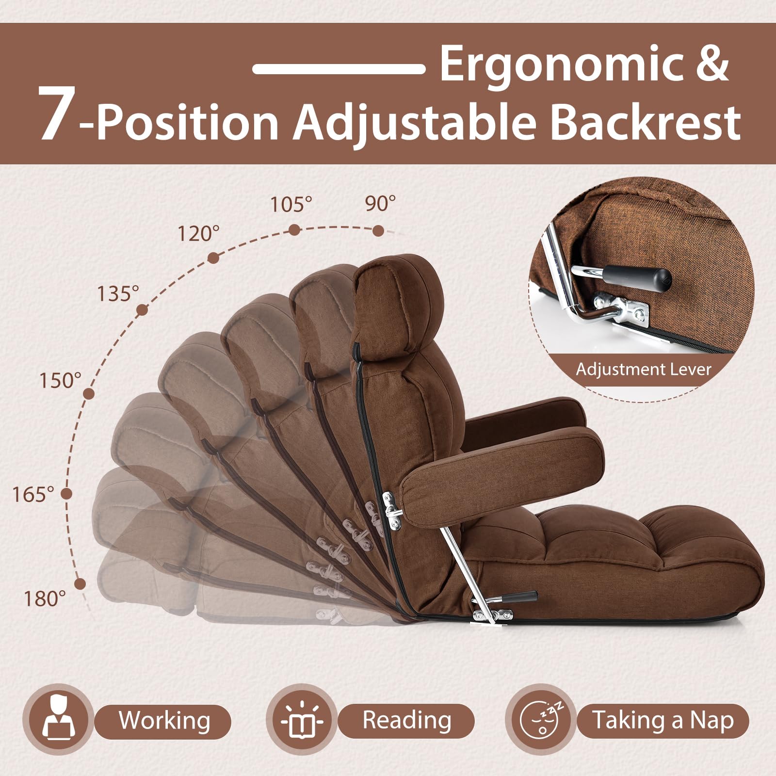 Adjustable Folding Floor Sofa Chair, Upholstered Indoor Chaise Lounge with 6-position