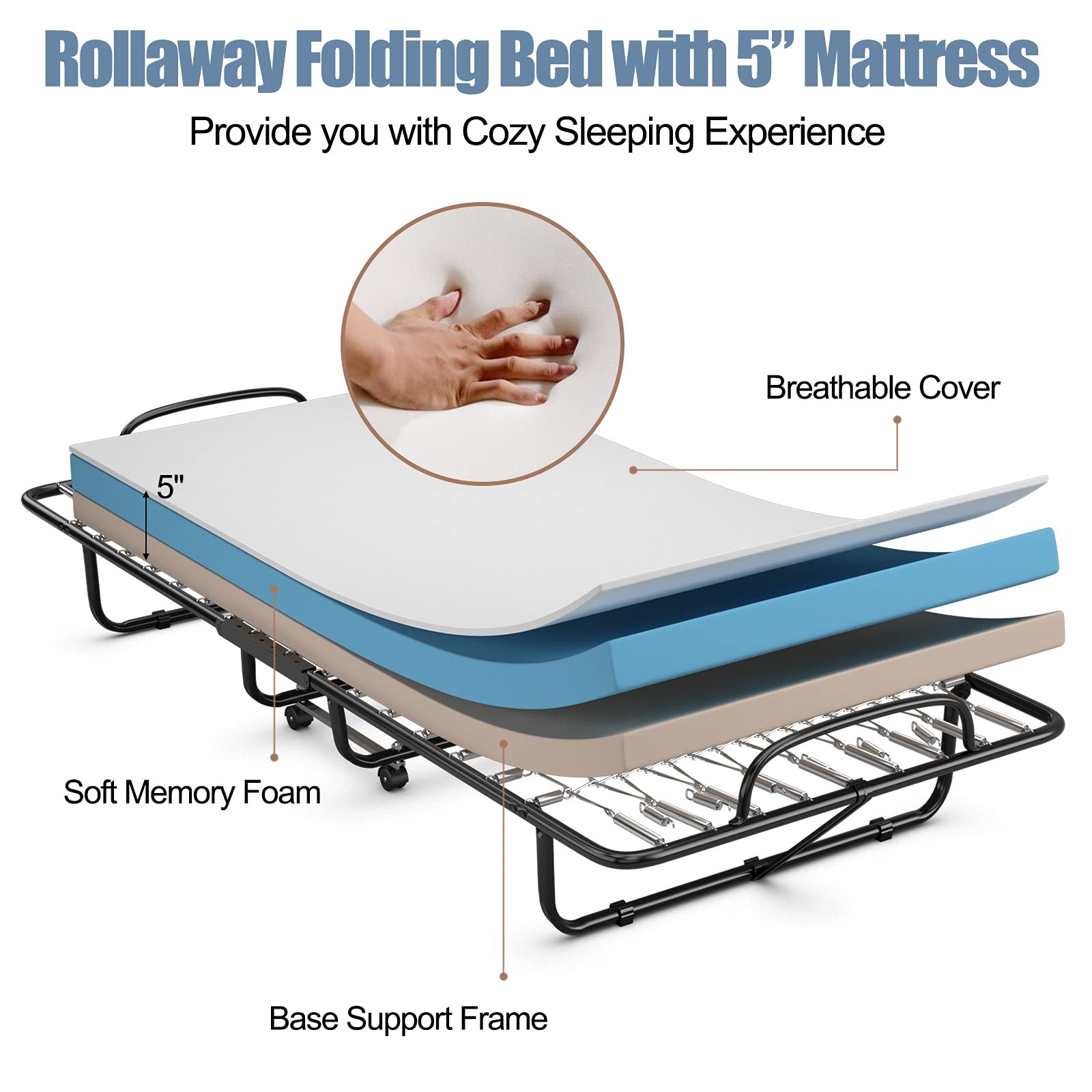Folding Guest Bed with Mattress,  Twin Size Portable Rollaway Bed 5-Inch Memory Foam Mattress