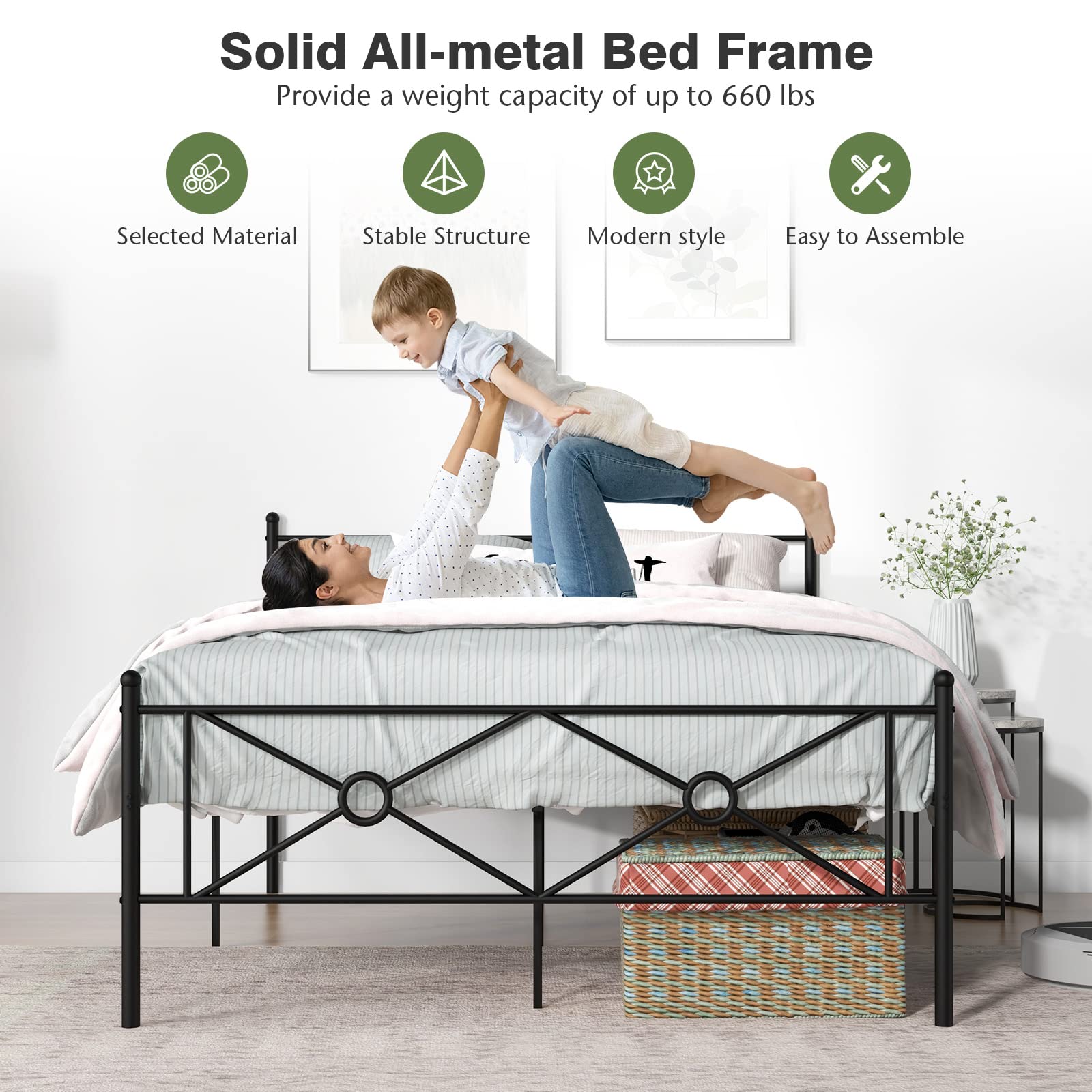 Metal Bed Frame with Headboard & Footboard, Stable Structure