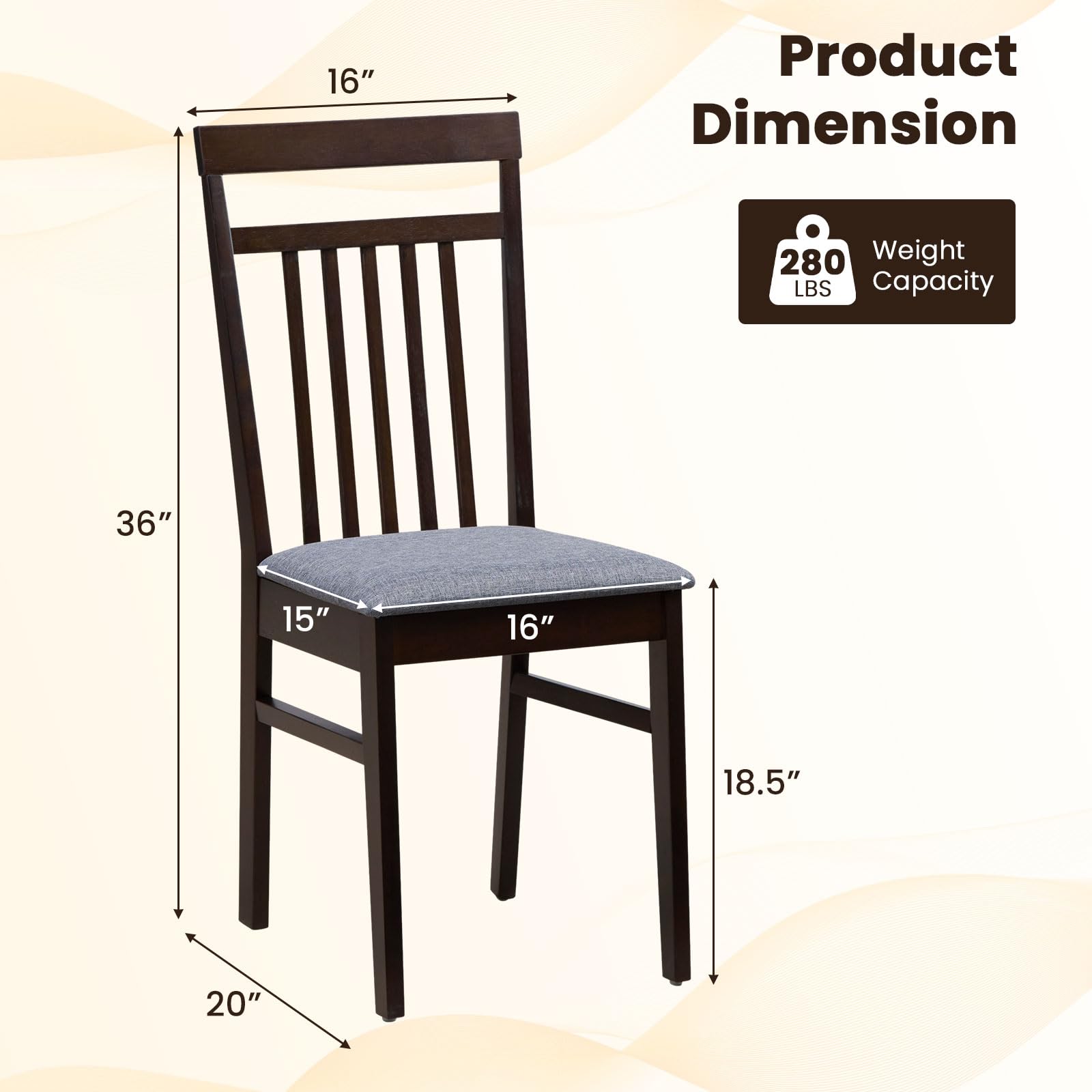 Armless Wood Dining Chairs Set of 2/4 with Cushion Seat,  Solid Rubber Wood Frame