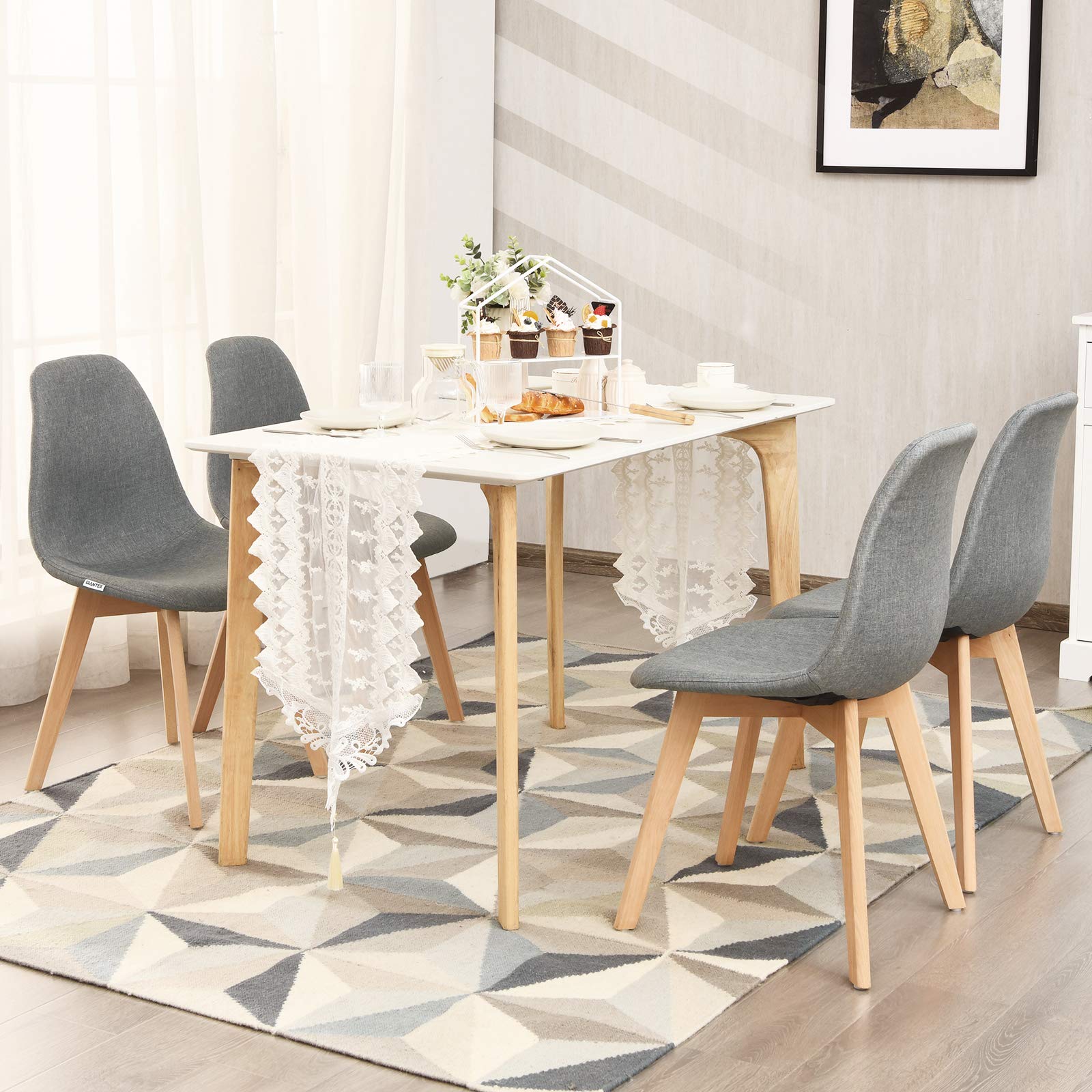 Set of 4 Modern Fabric Dining Chairs with Solid Wood Legs High Backrest Soft Padded Seat
