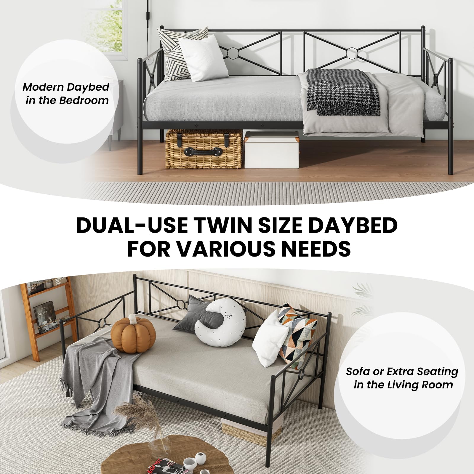 Twin Size Metal Daybed Frame, Heavy-Duty Steel Slats Support Platform Bed Frame, Multifunctional Sofa Guest Bed with Headboard