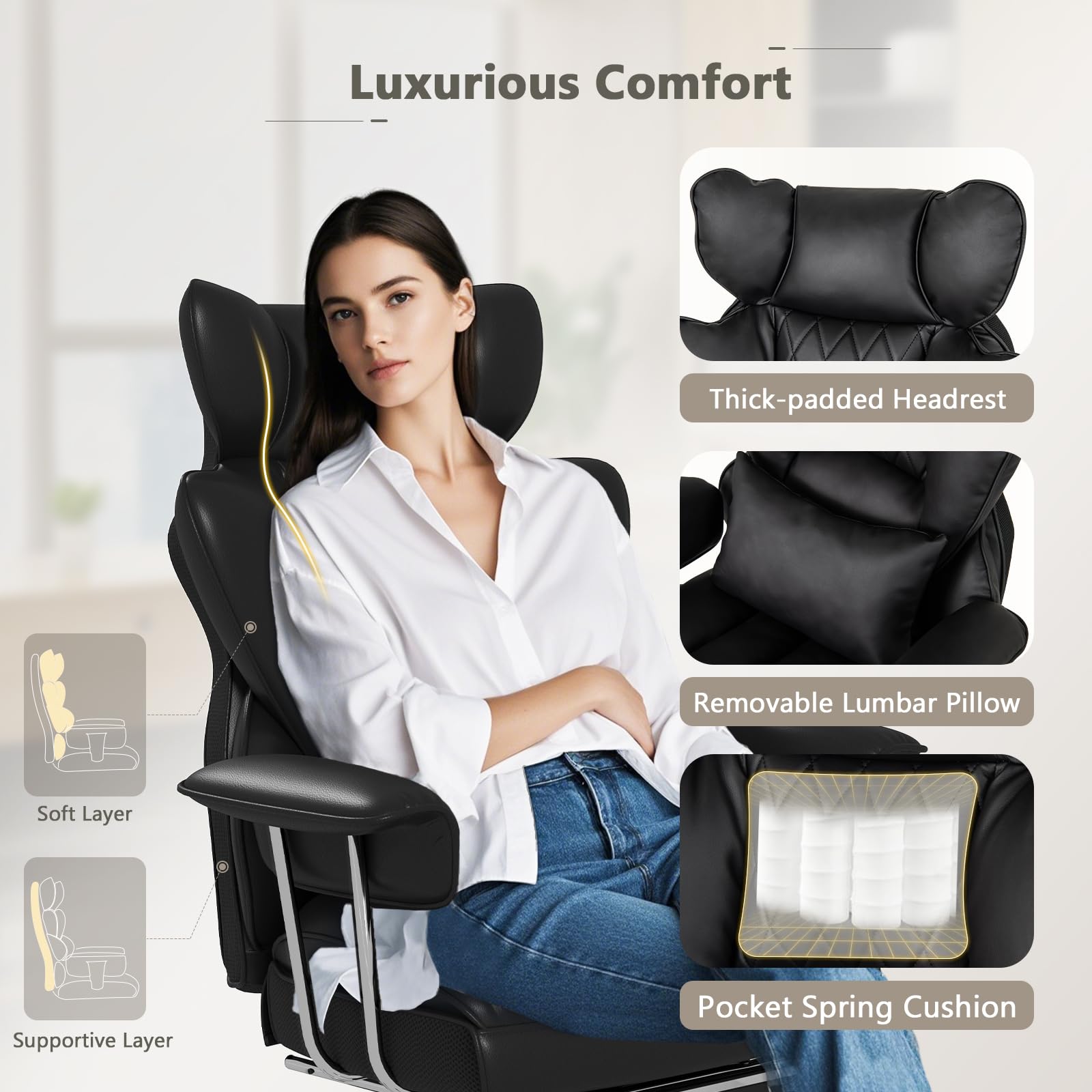 400 LBS Big and Tall Office Chair, PU Leather Executive Desk Chair w/Retractable Footrest