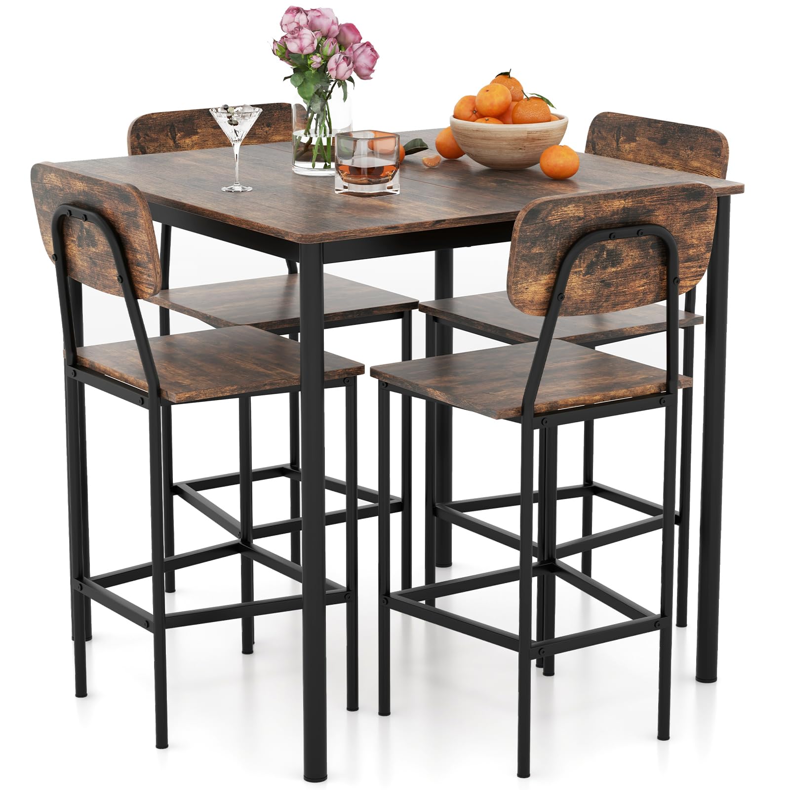 5 Piece Dining Table Set with Counter Height Table & 4 Bar Stools, Industrial Kitchen Dining Table Set  with Footrest & Backrest