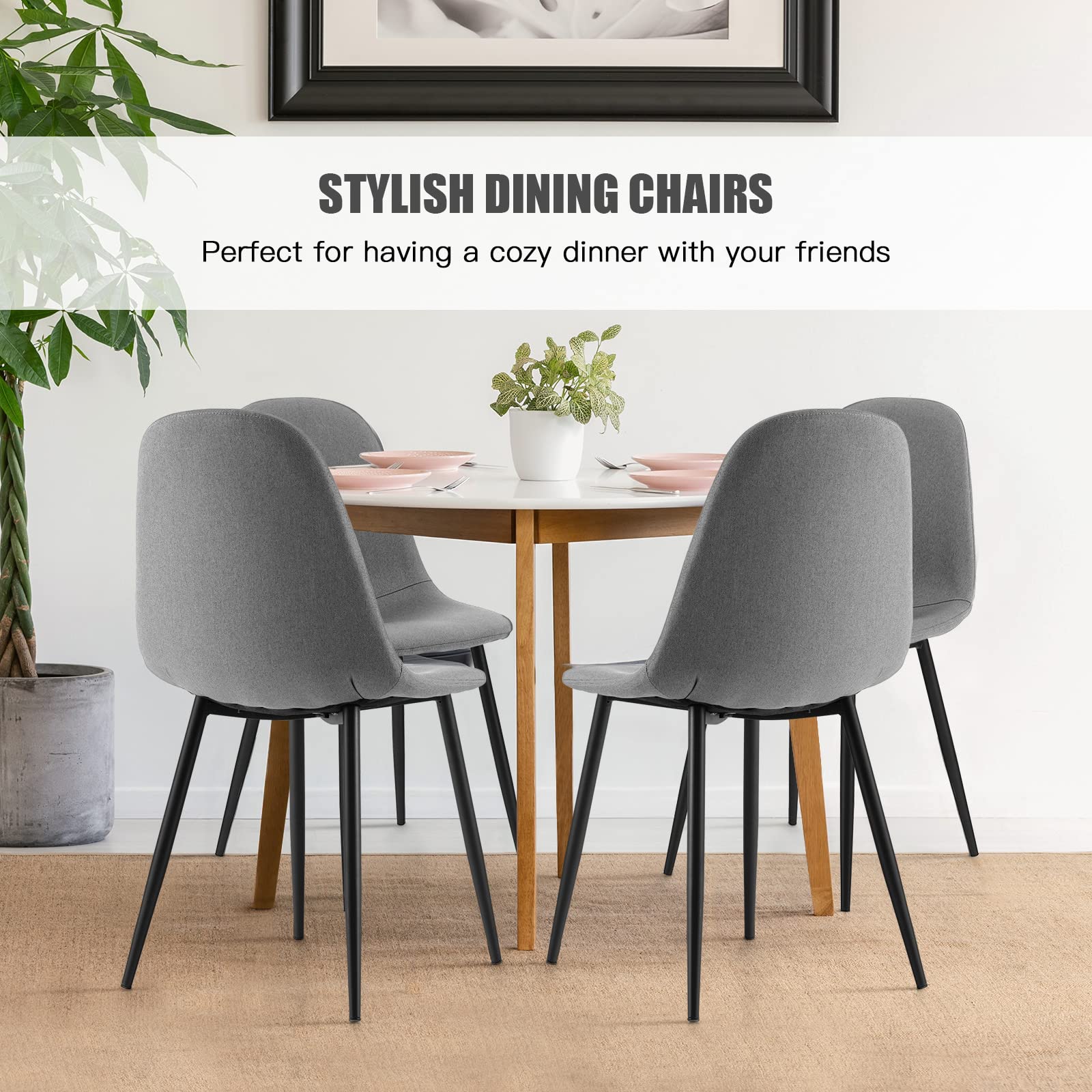 Modern Dining Chairs Set of 4 - Classic Comfy Upholstered 17&rdquo; High Backrest Linen Dining Room Chairs