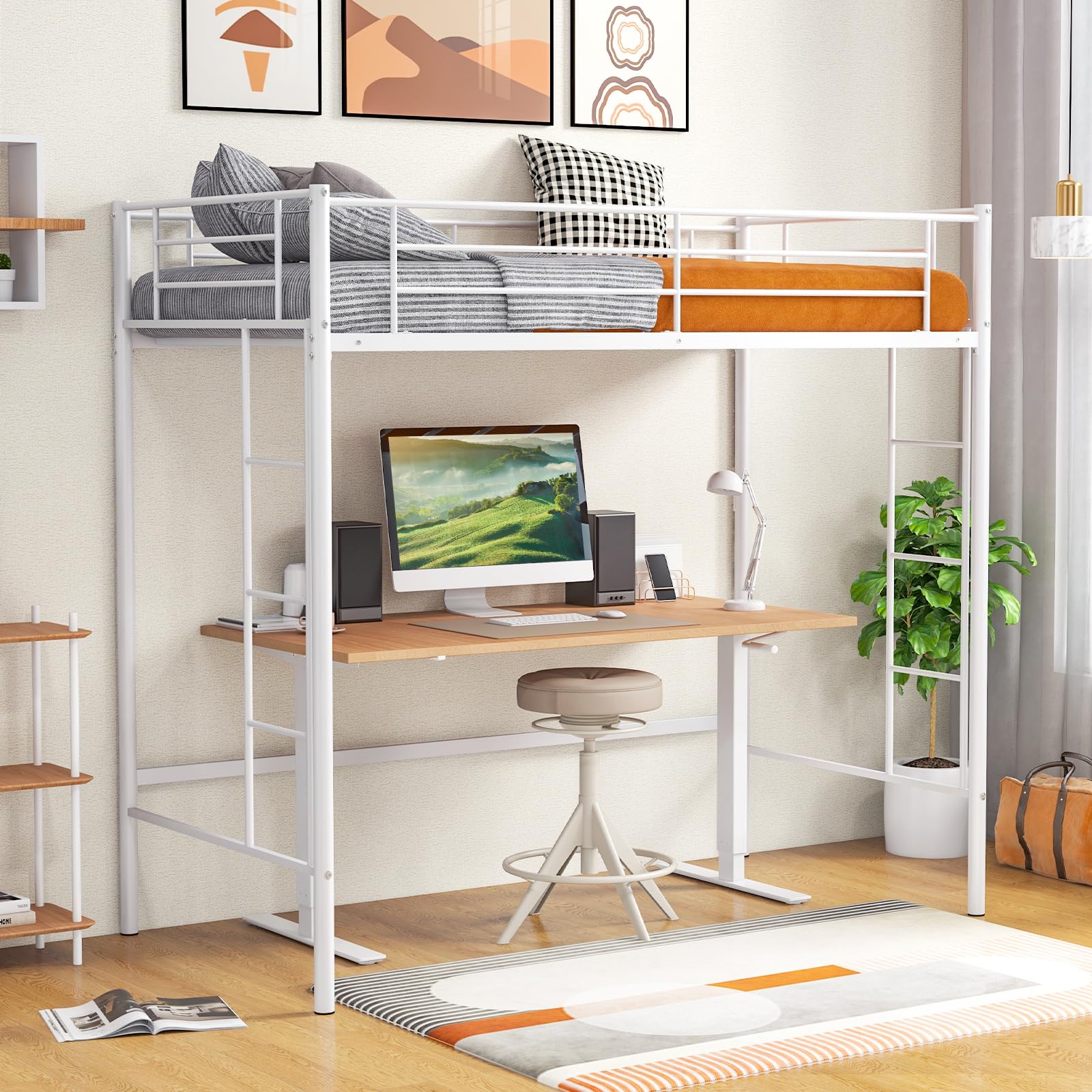Twin Size Metal Loft Bed with Both Side Ladders & Safety Guardrails