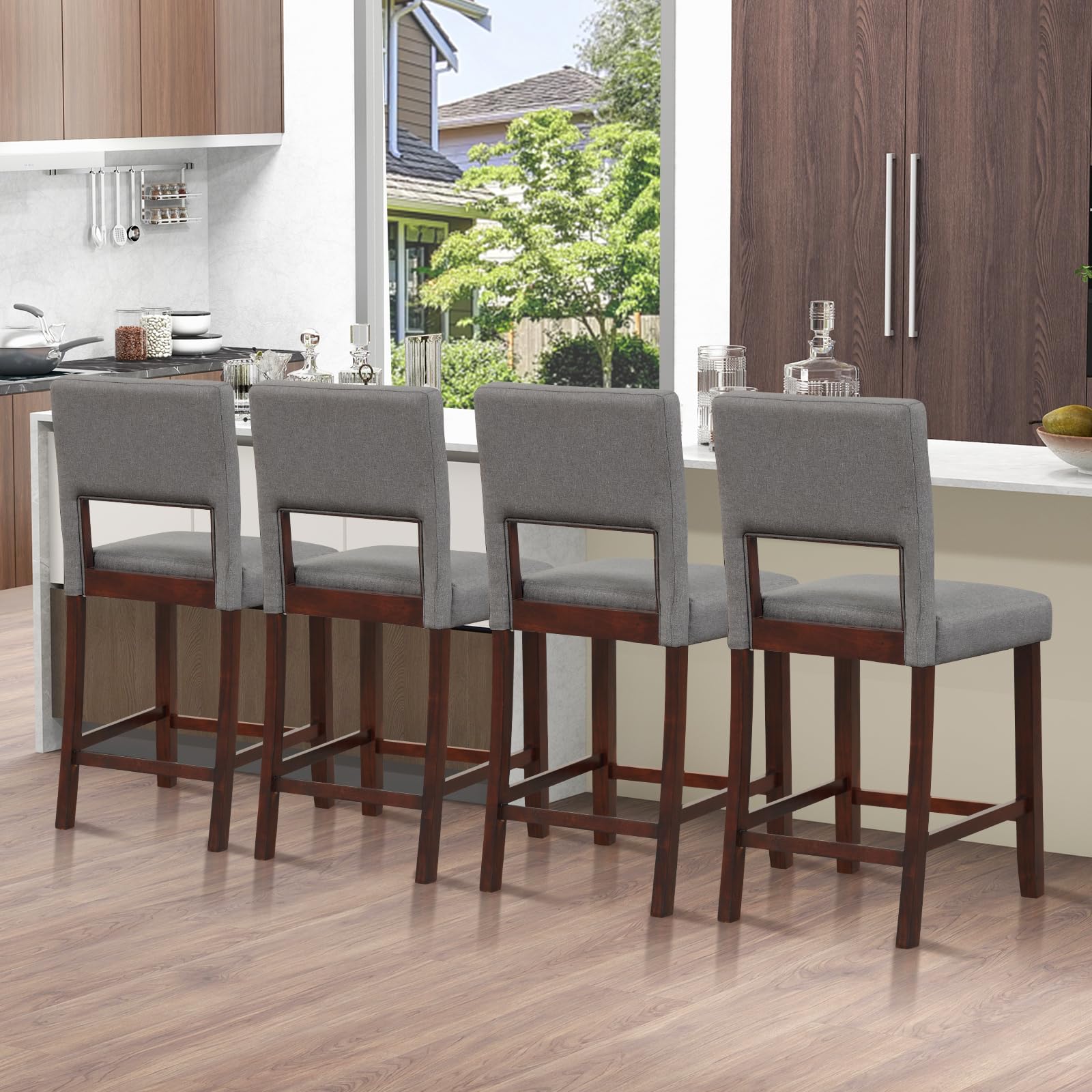 24.5" Counter Height Bar Stools Set of 2, Linen Barstools with Back, Rubber Wood Legs
