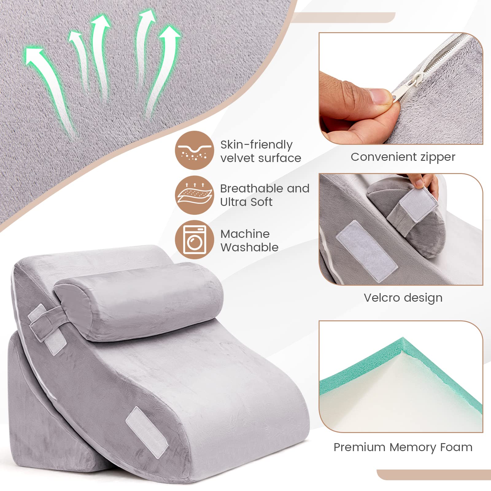 6PCS Orthopedic Bed Wedge Pillow Set, Adjustable Pillows for Neck, Back and Leg Pain Relief