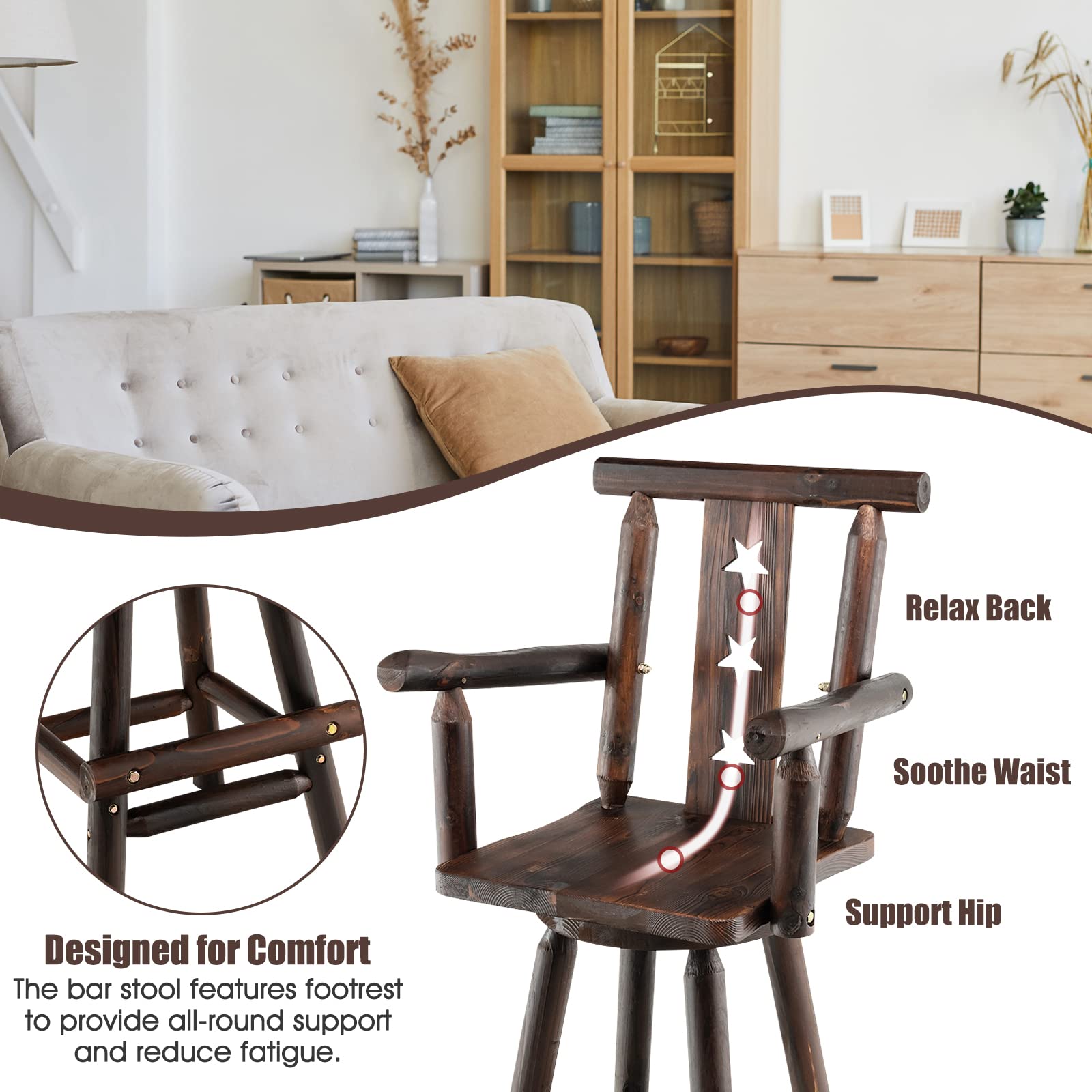 360&deg; Swivel Wood Bar Stools Set of 2 with Footrest, Decorative Star Backrest, Wide Armrest