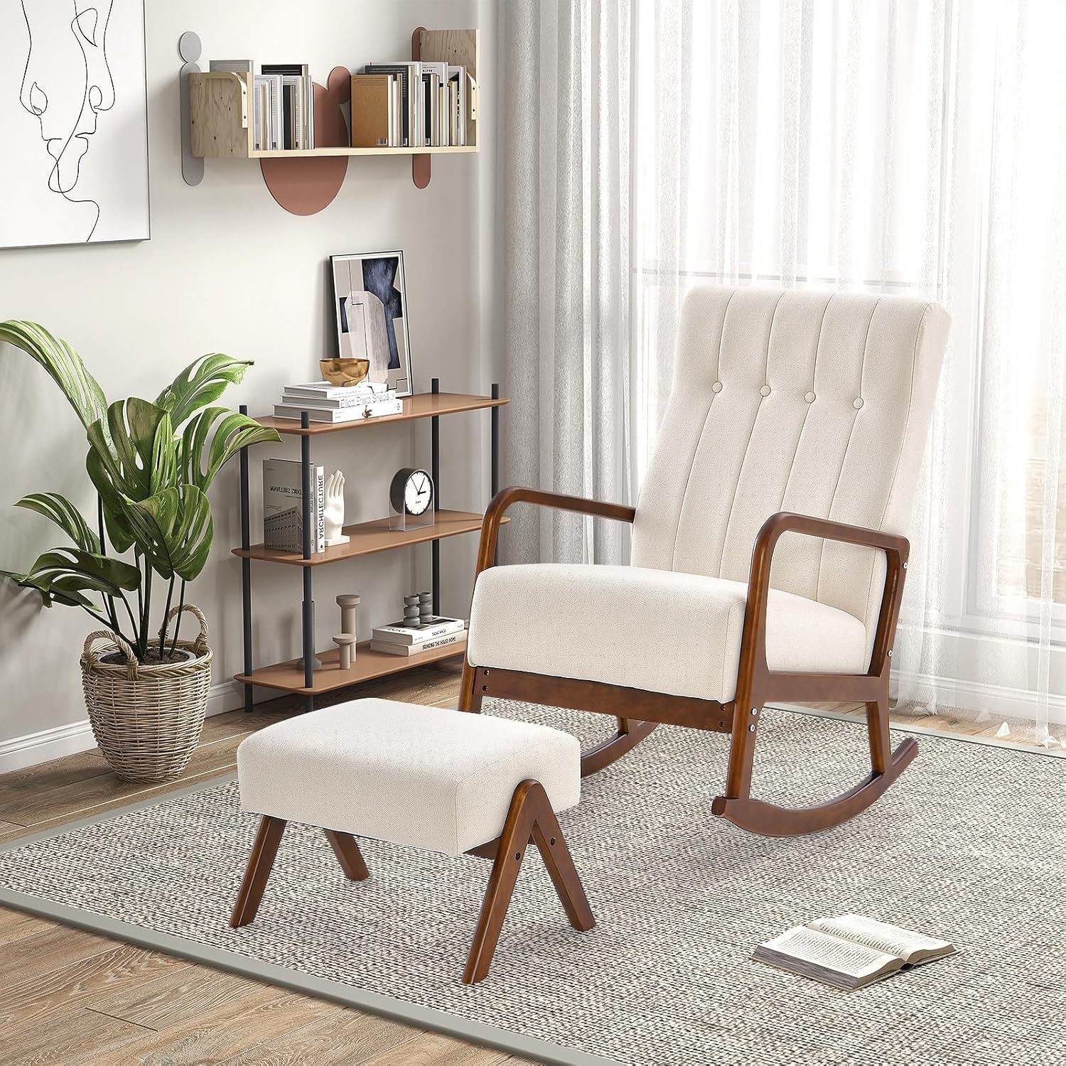 Nursery Rocking Chair with Ottoman, Upholstered Rocker Chair with Side Pocket