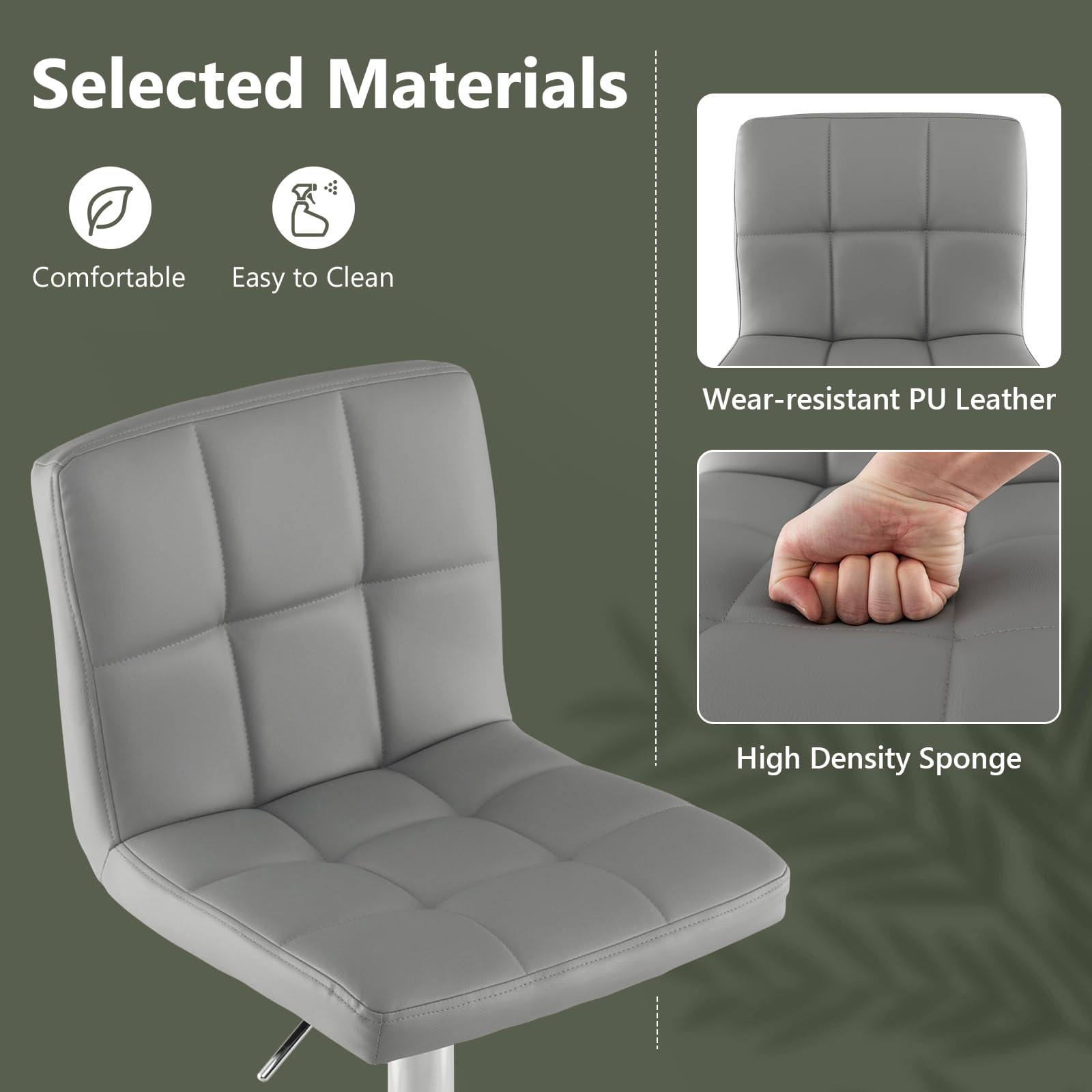 Modern PU Leather Height Adjustable Bar Stools  Set of 1/2 with Back, Footrest, Metal Base