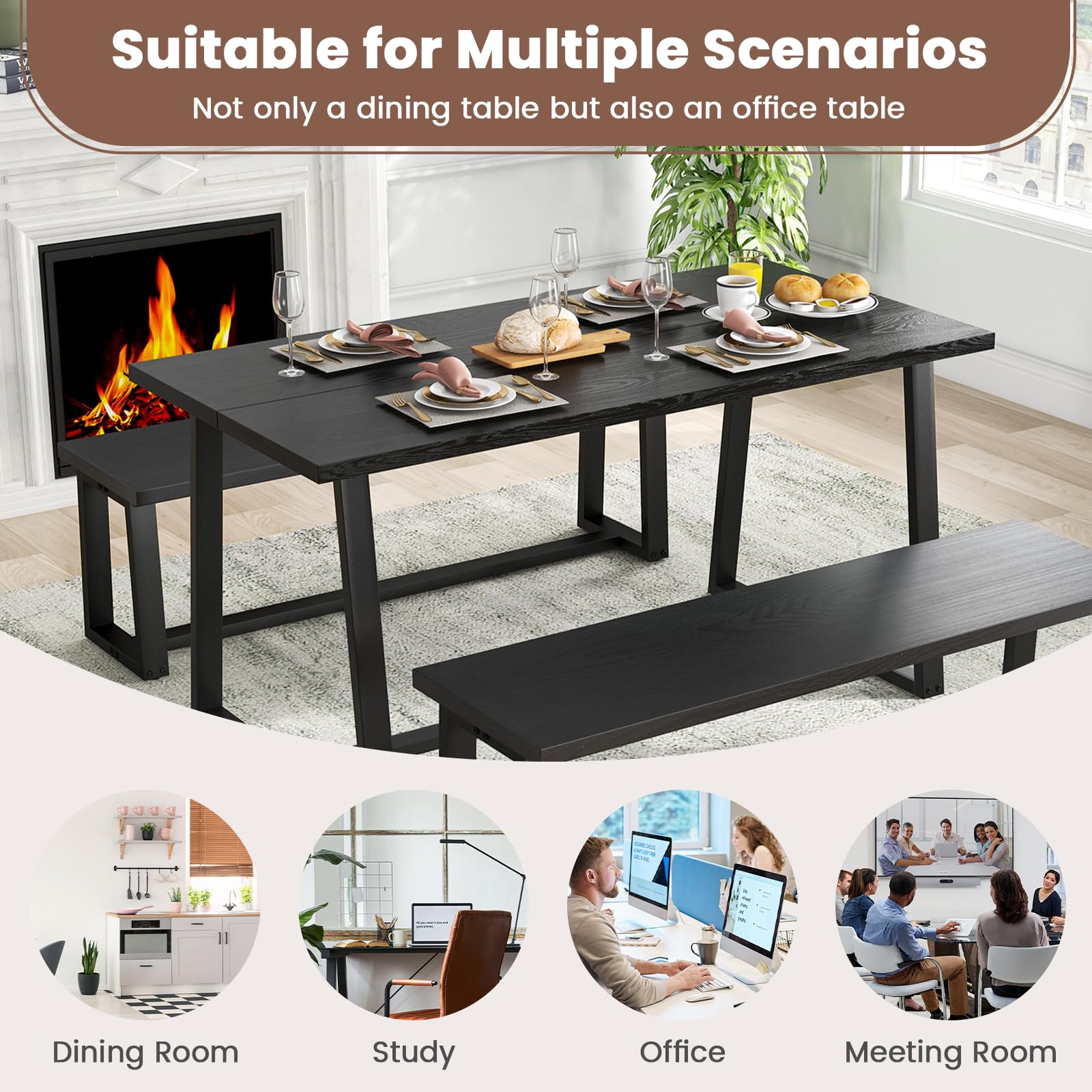 63" Rectangular Large Dining Table for 4-6, Mid-Century Kitchen Table w/Heavy-Duty Metal Frame