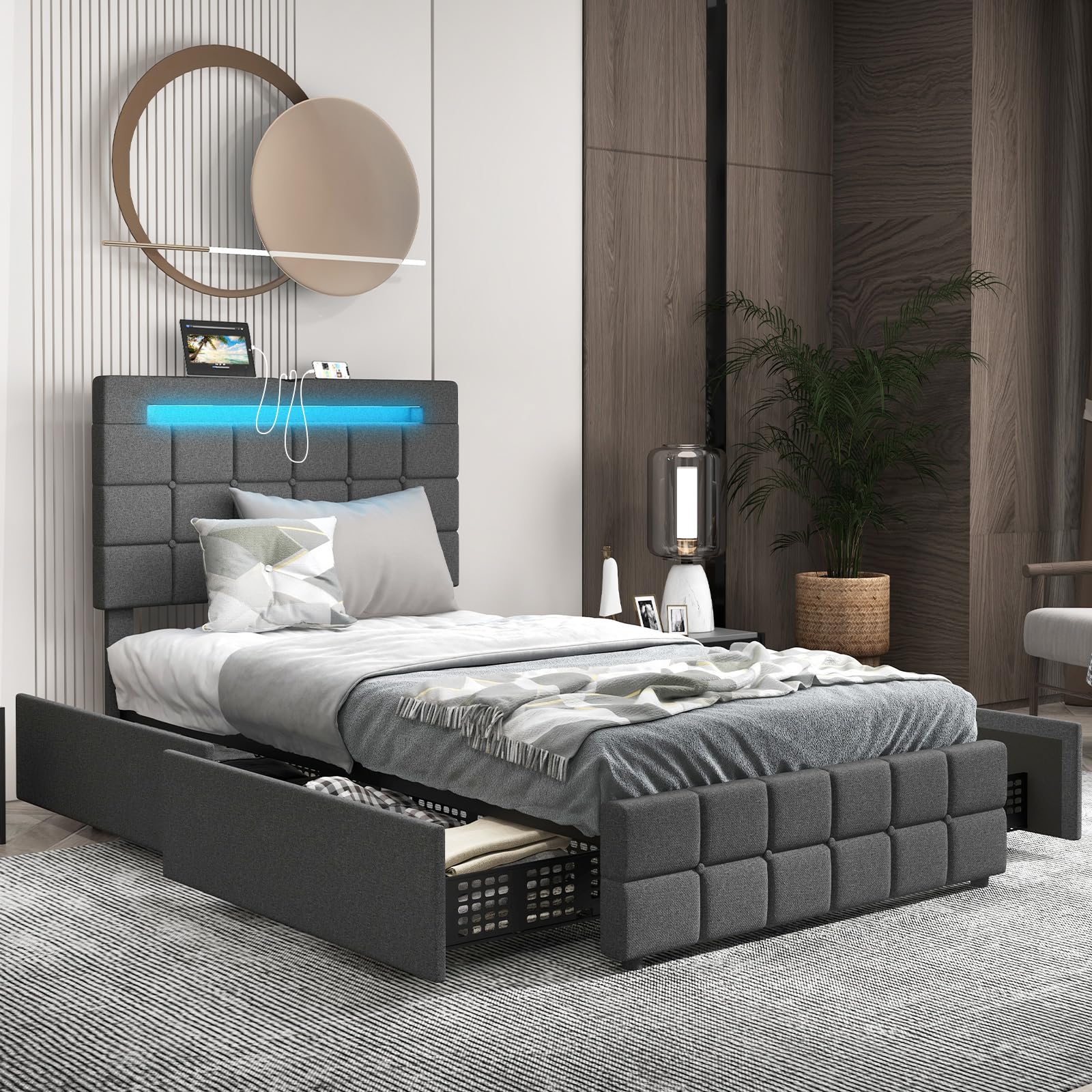 Upholstered Bed Frame with LED Lights and 4 Drawers, Height Adjustable Headboard with USB Ports