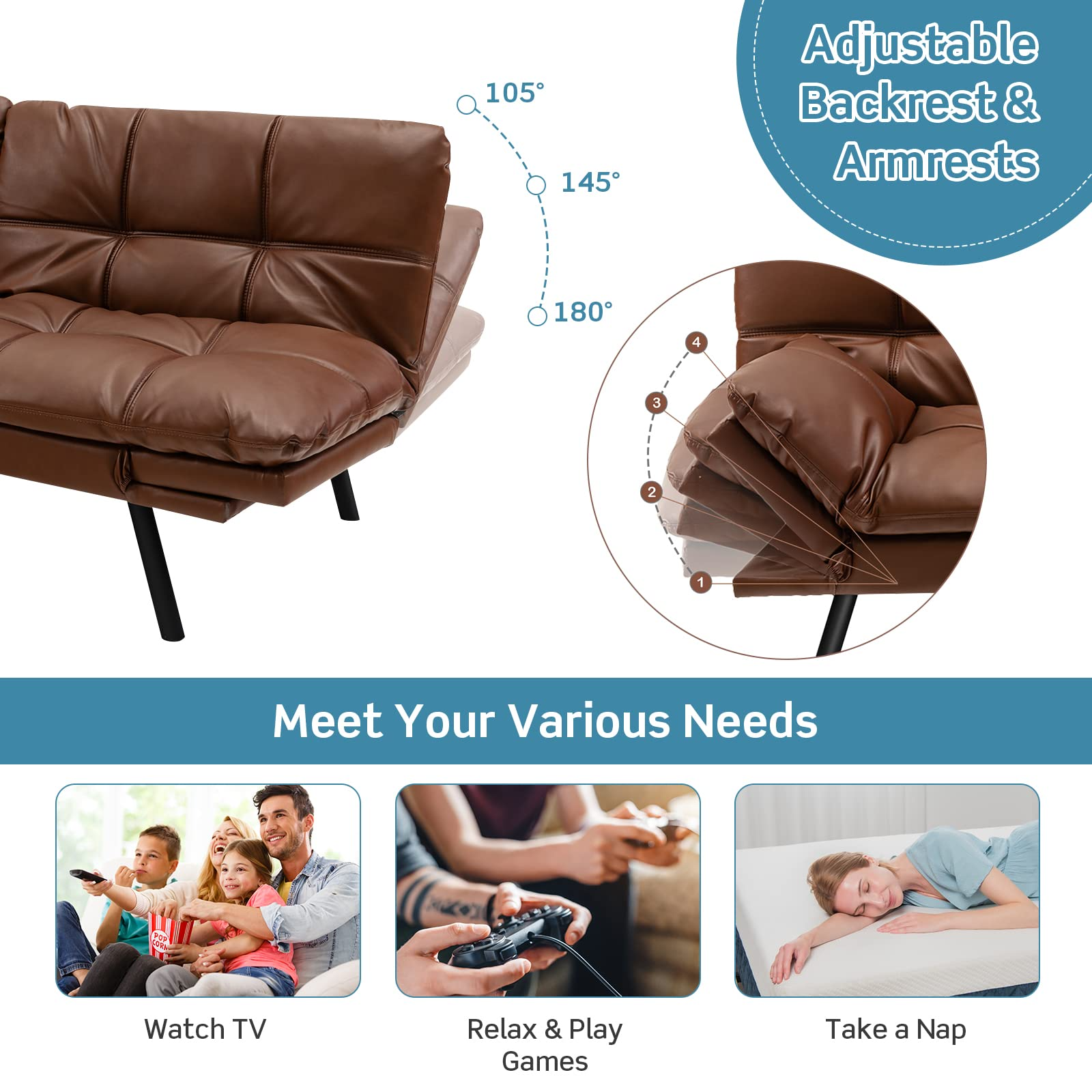 Futon Sofa Bed, Faux Leather Memory Foam Convertible Futon Couch with Adjustable Backrest & Armrests