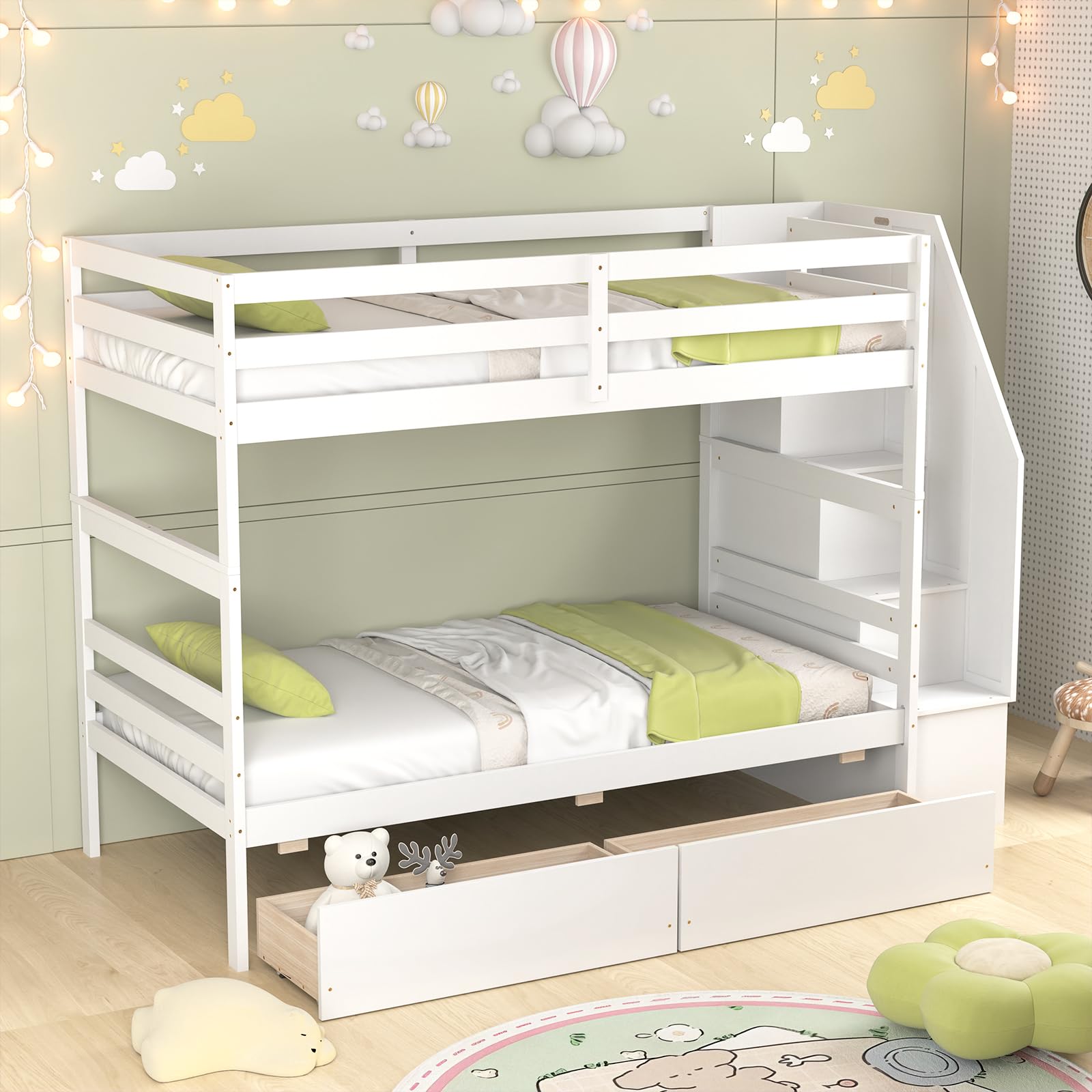 Wood Twin Over Twin Bunk Bed with 2 Storage Drawers & Stairs