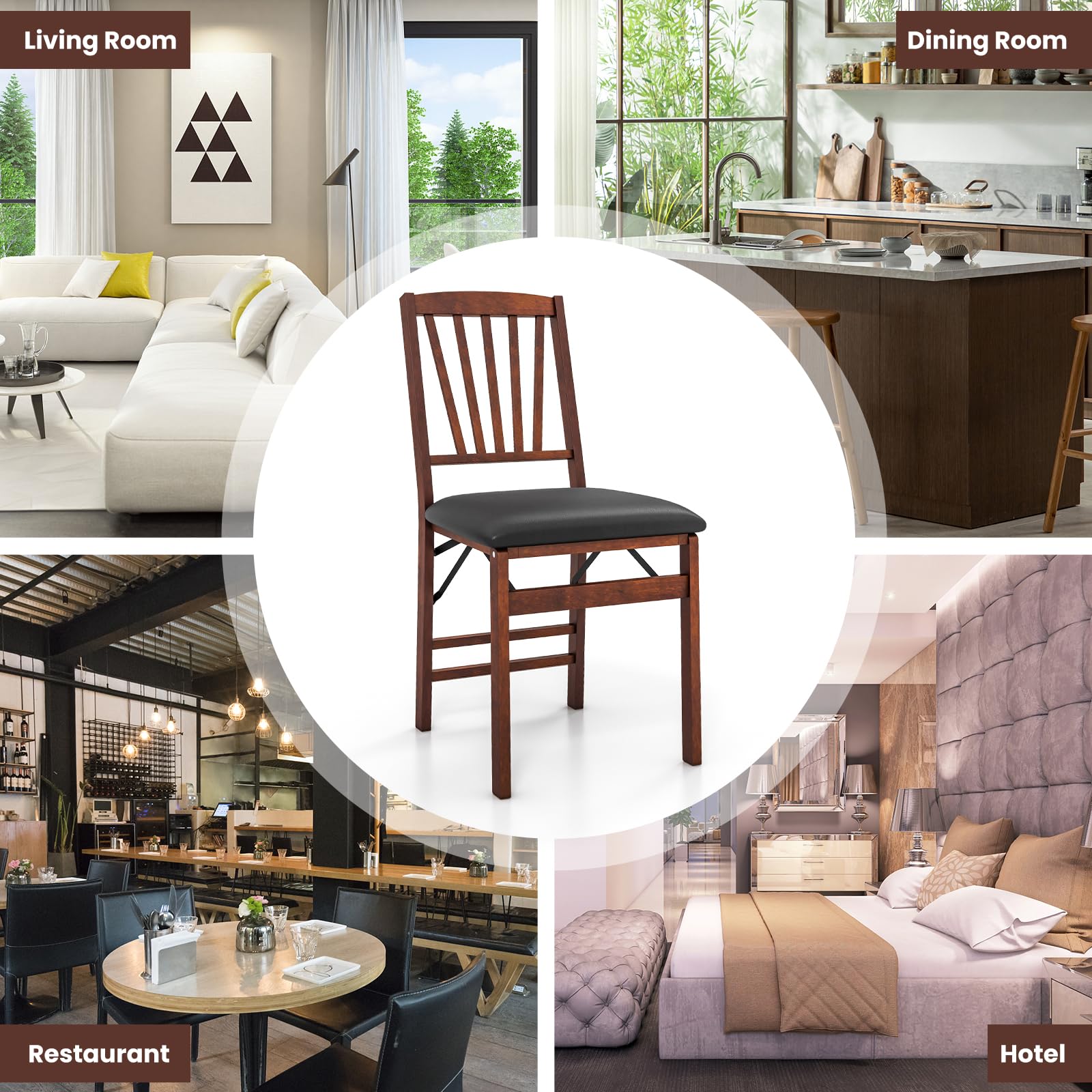 Folding Dining Chairs Set of 2/4, Foldable Wood Chairs with PVC Padded Seat & High Backrest