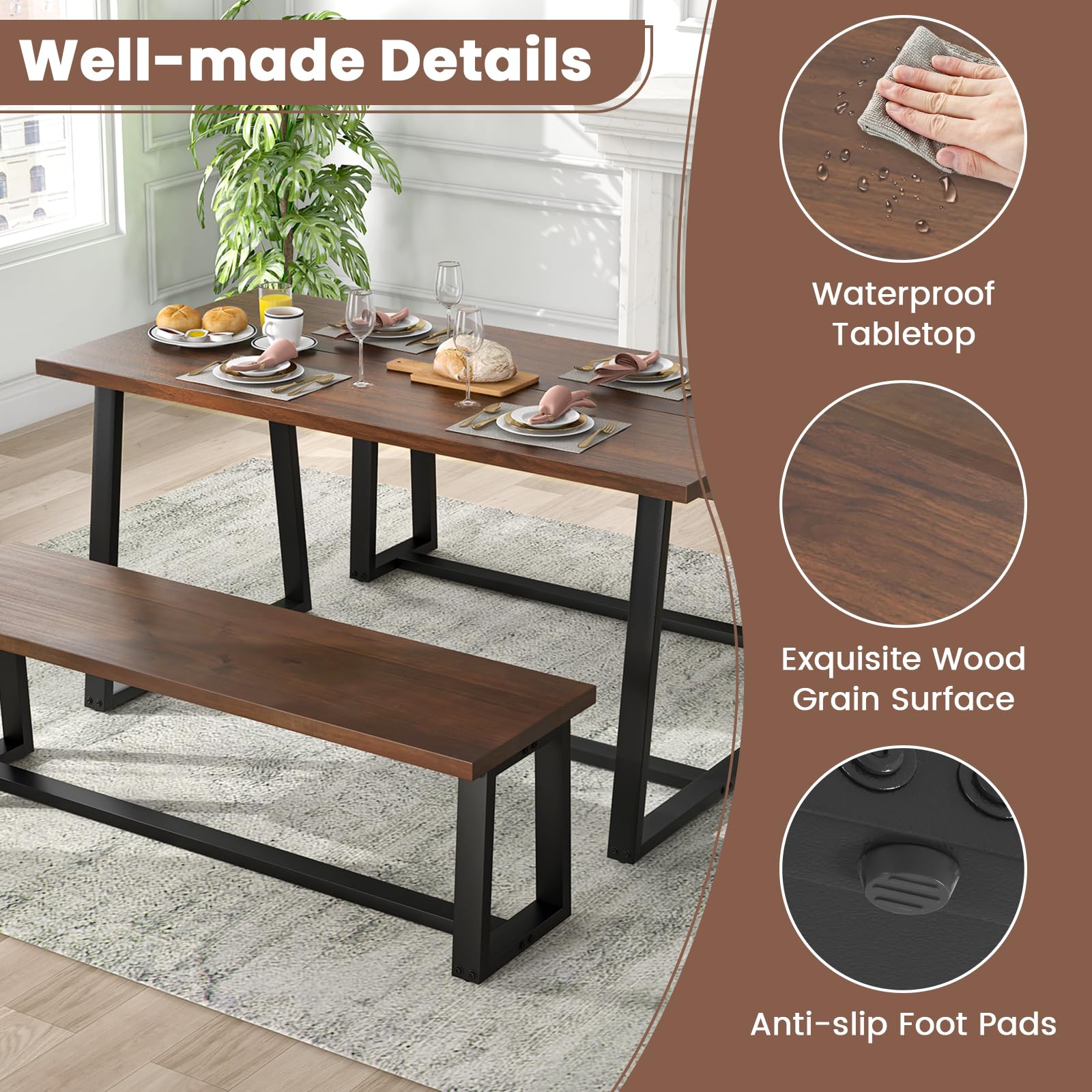63" Rectangular Large Dining Table for 4-6, Mid-Century Kitchen Table w/Heavy-Duty Metal Frame