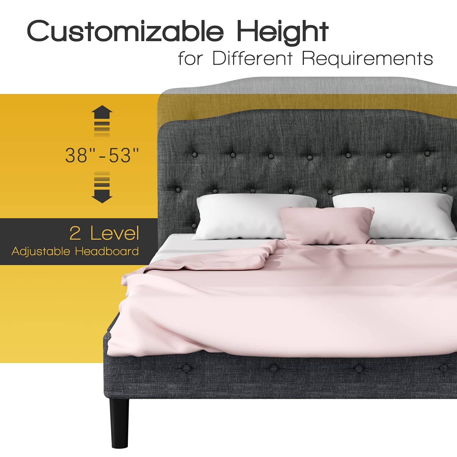 Upholstered Headboard, Adjustable Height from 38" to 53" Platform
