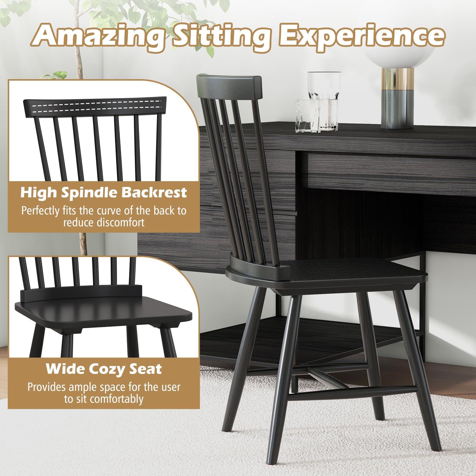 Wood Dining Chairs Set of 2/4, Solid Wood Windsor Dining Chair with Wide Seat