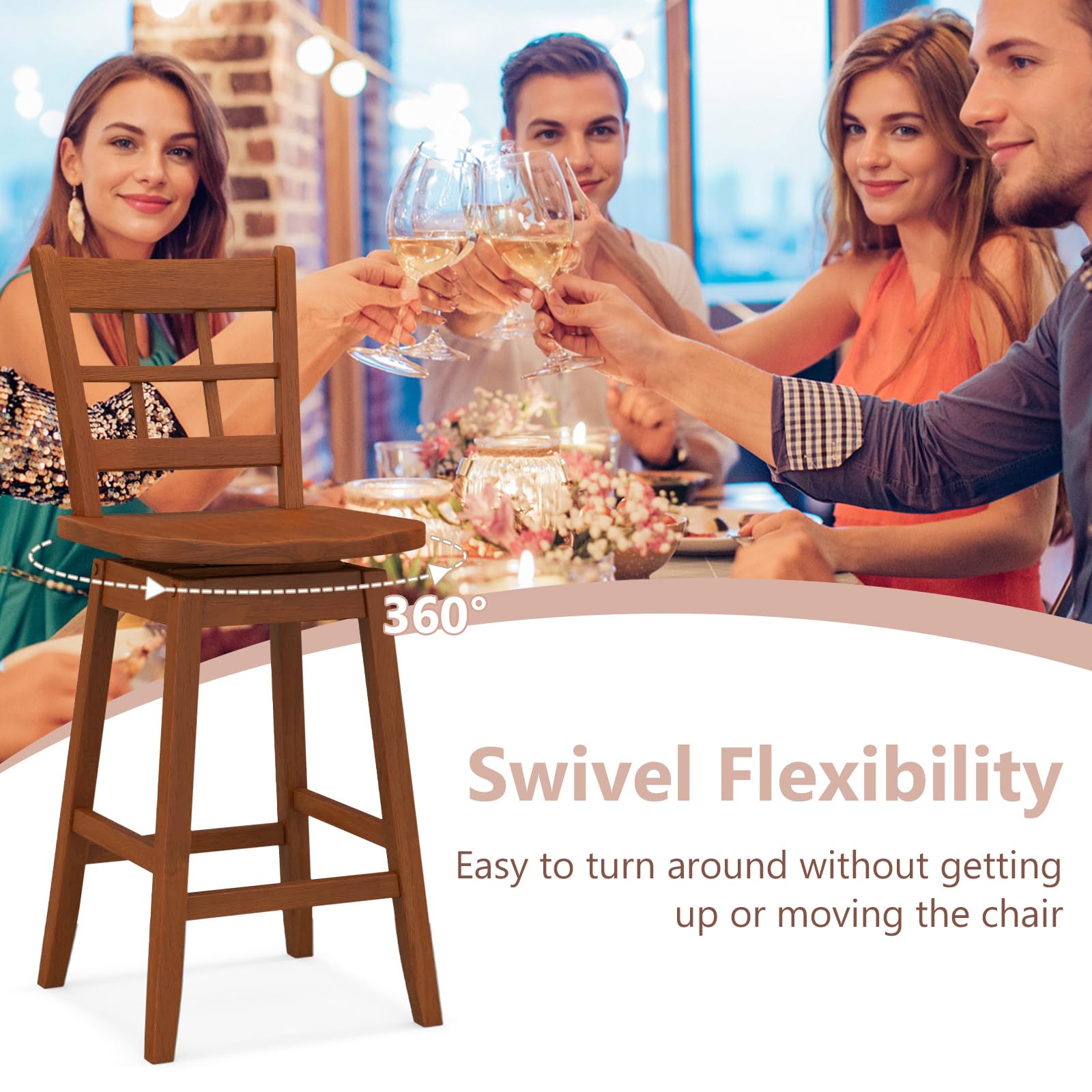 24.5" Bar Stools Set of 2/4, Farmhouse Swivel Barstools with 6-Grid Hollow Back & Ergonomic Contoured Seat, Footrest