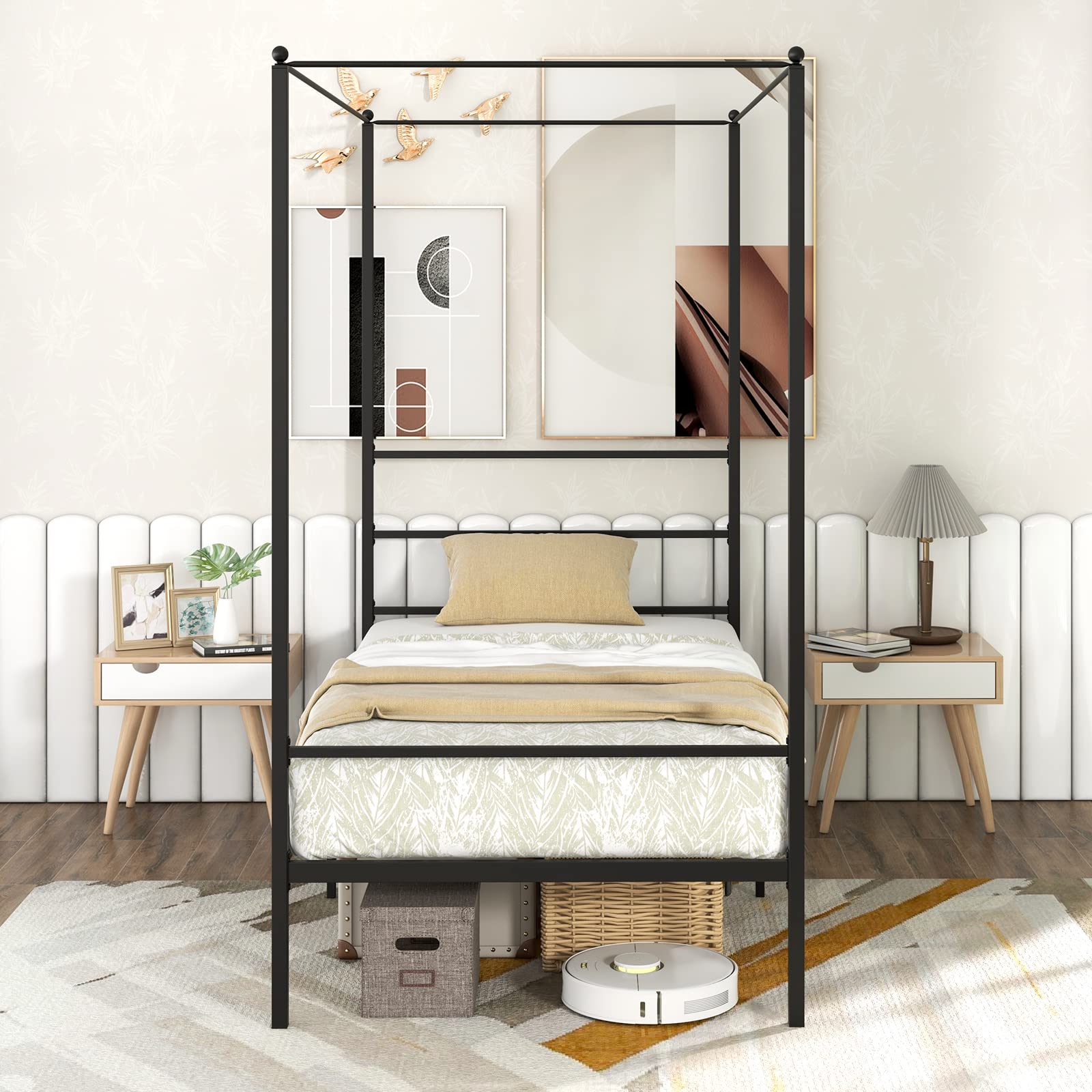 Metal Canopy Bunk Bed, Modern 4 Poster Canopied Platform Bed with Headboard