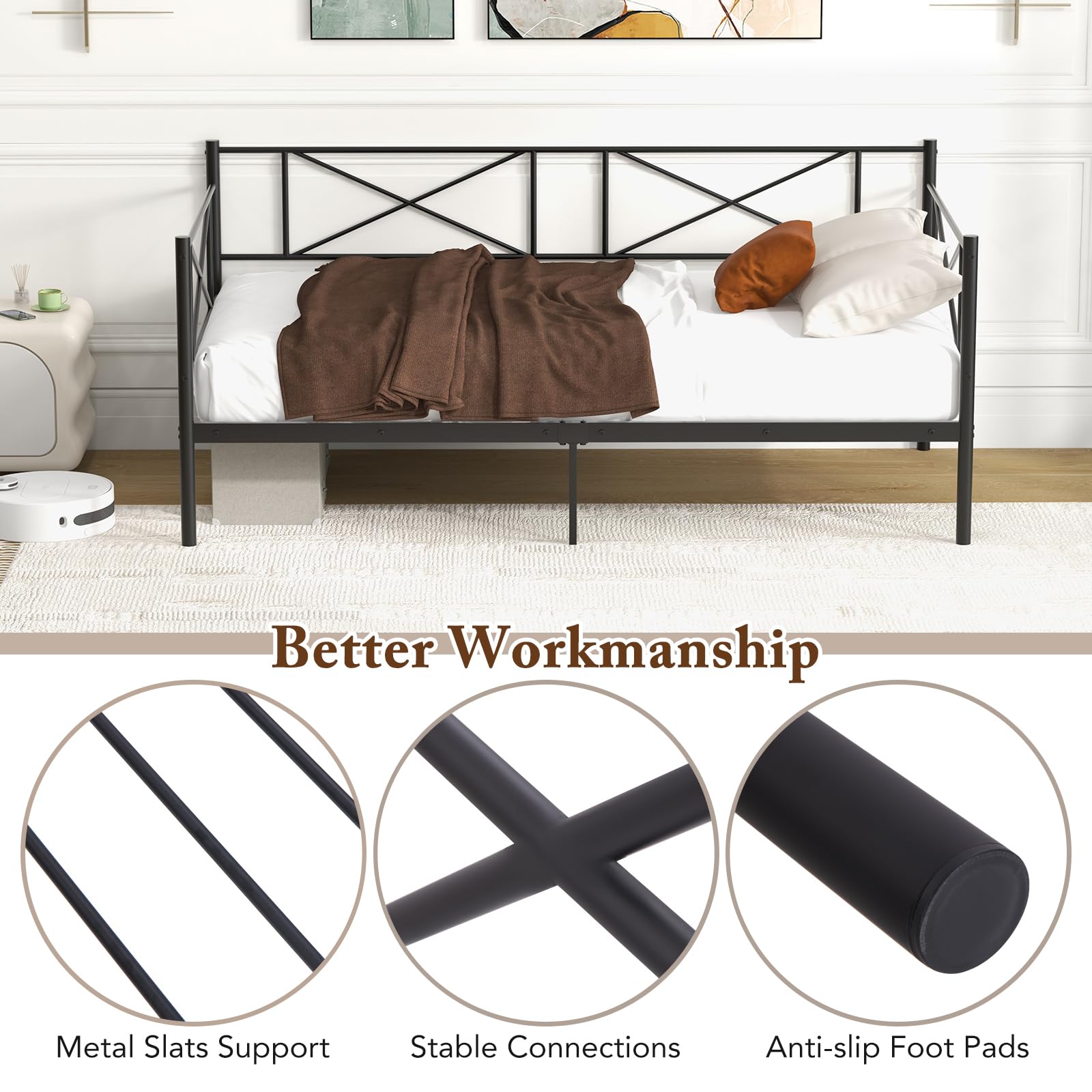 Twin Size Metal Daybed Frame Modern 2-in-1 Sofa Daybed