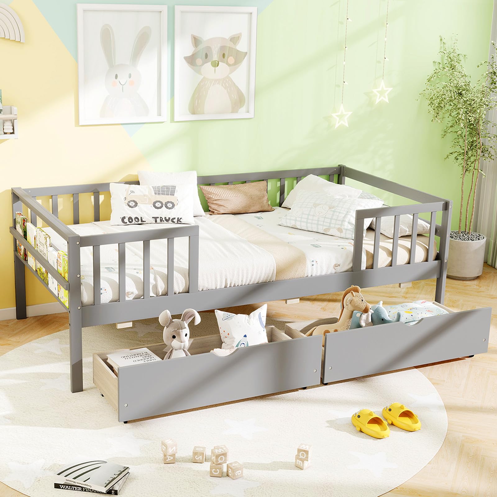 Wood Twin Bed Frame with Fence Rails & 2 Pull-Out Drawers