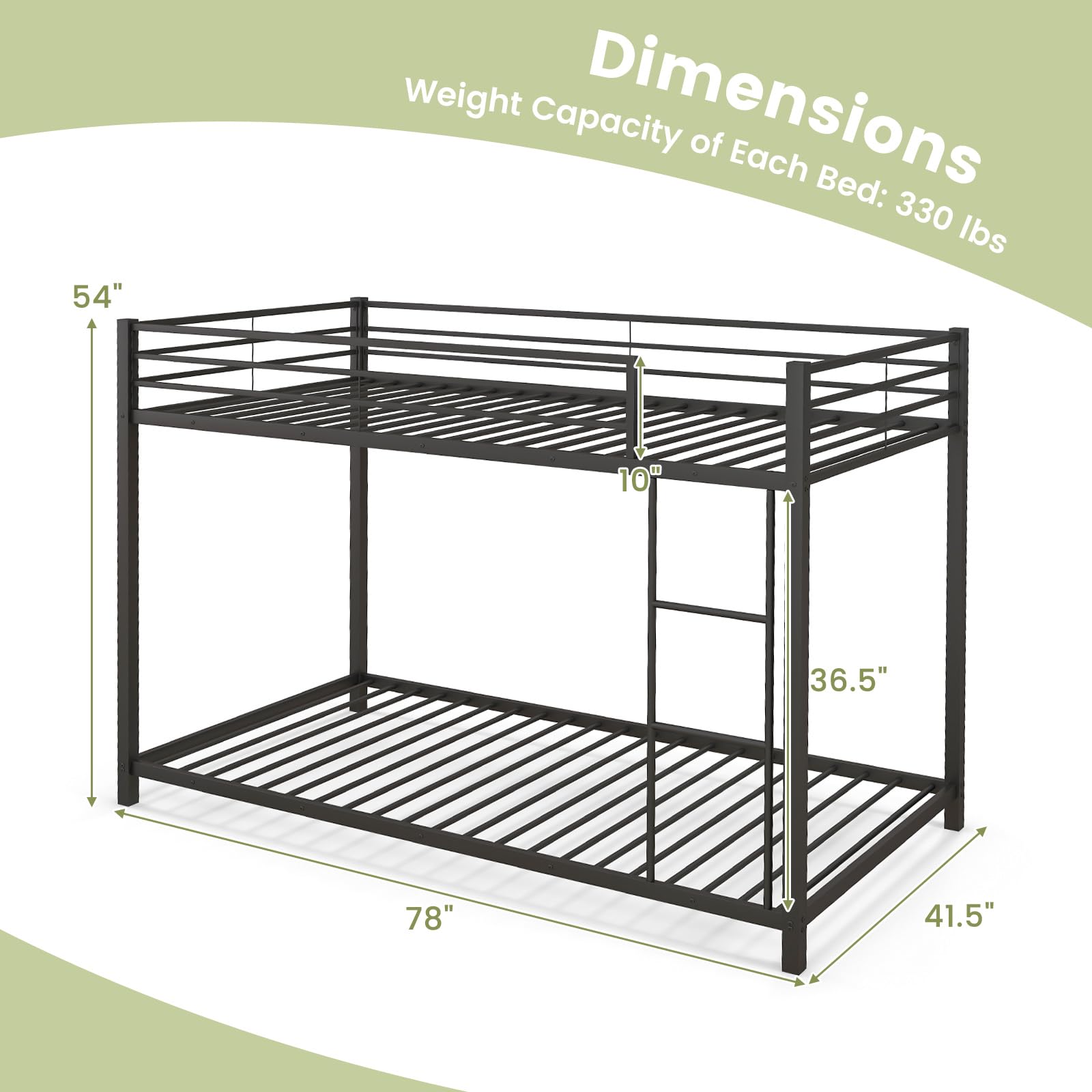 Twin Over Twin Metal Low Floor Bunk Bed with Safety Guard Rail & Ladder