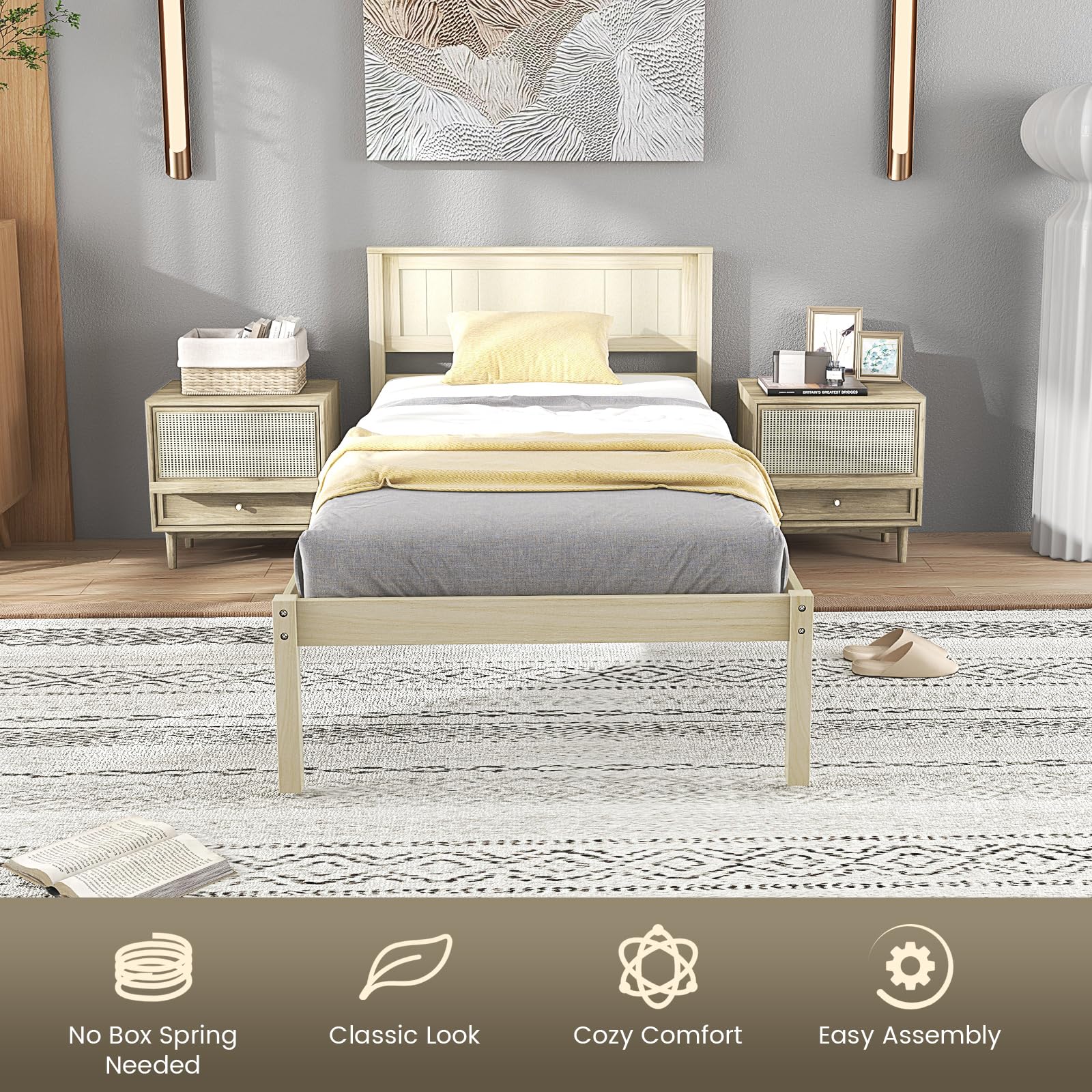 Wooden Platform Bed Frame with Headboard & Wood Slat Support