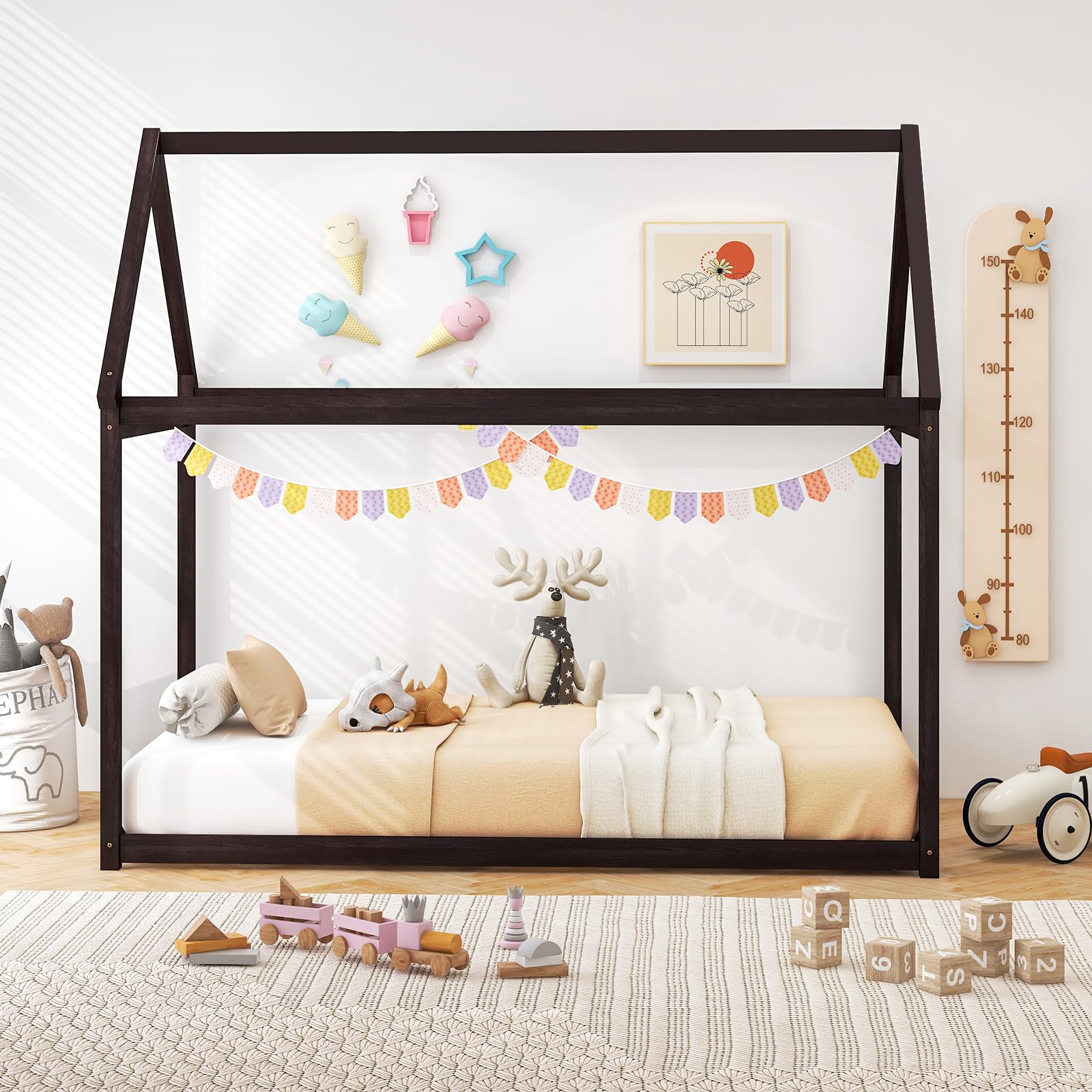 Twin Size House Bed for Kids, Solid Wood Platform Floor Bed with Roof & Multiple Slats