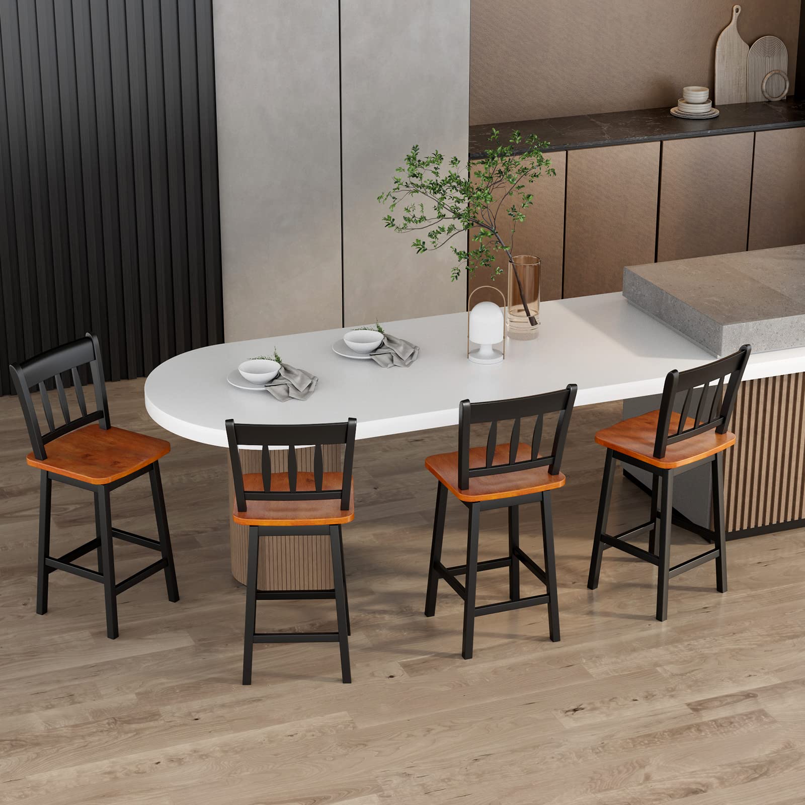 24.5 Inch Solid Rubber Wood Bar Stools Set of 2/4 with 360 &deg;Swiveling, Footrest