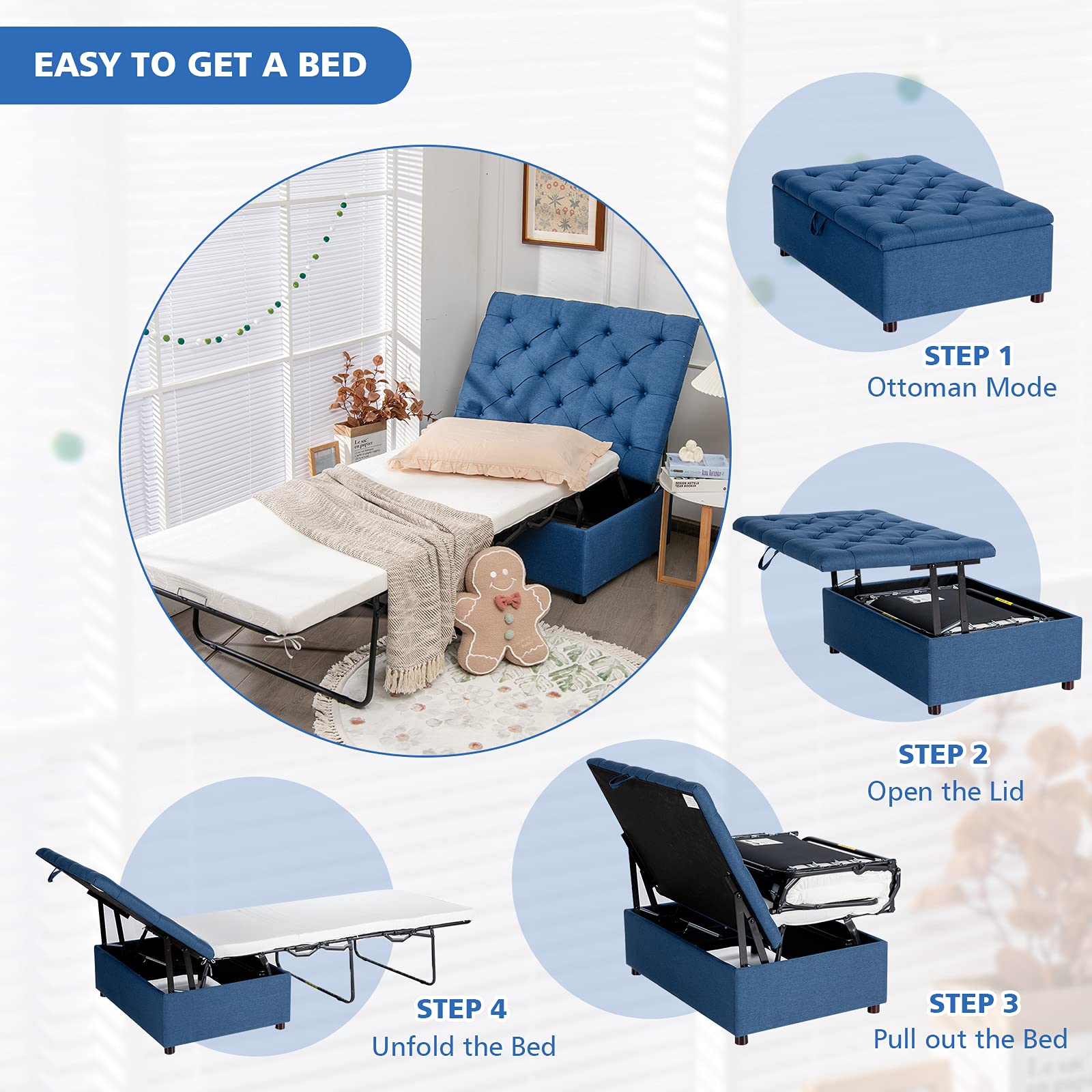 Folding Ottoman Sleeper Chair With Mattress, Convertible Fold Out Sofa Bed