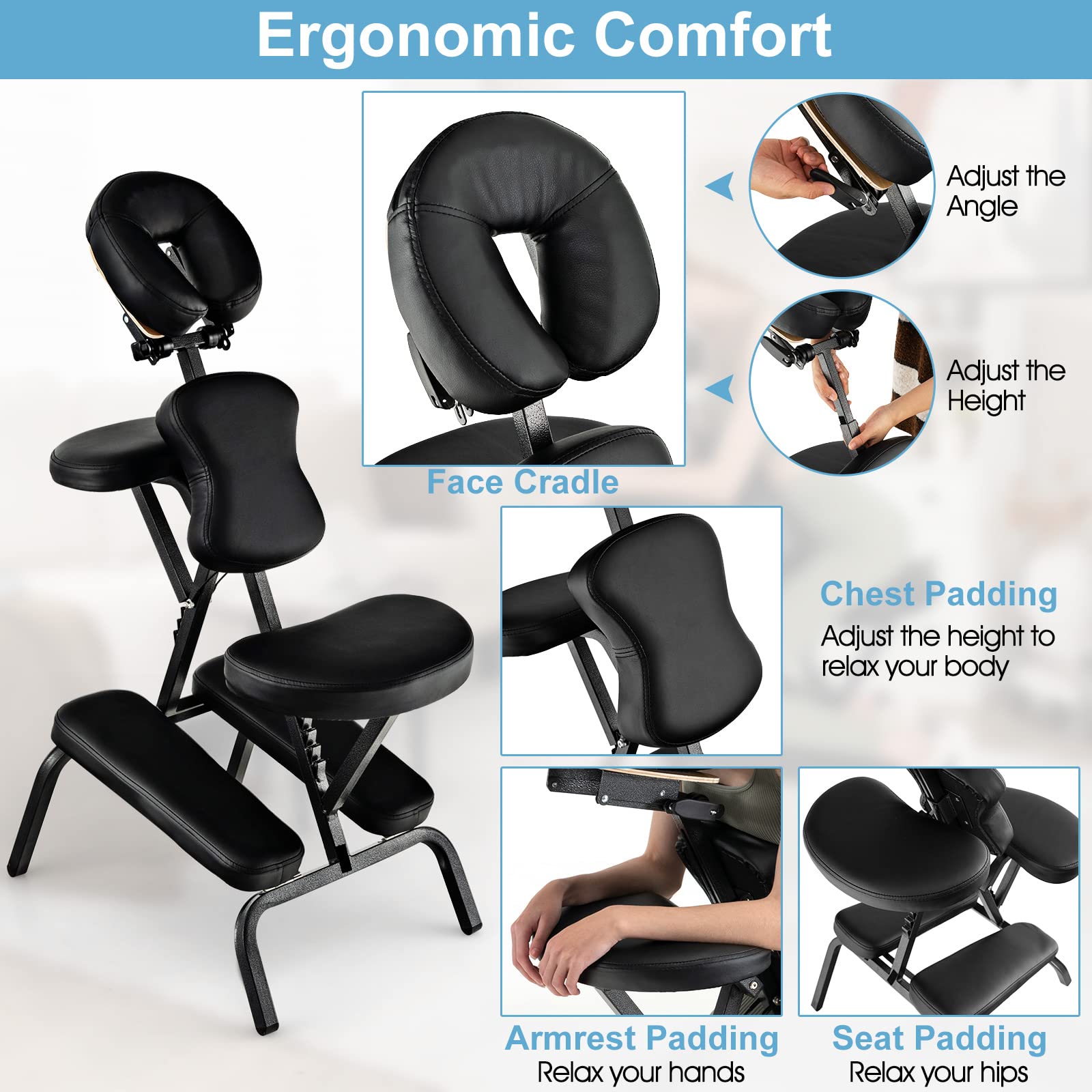 Portable Light Weight Massage Chair, Travel Massage Tattoo Spa Chair w/Carrying Bag