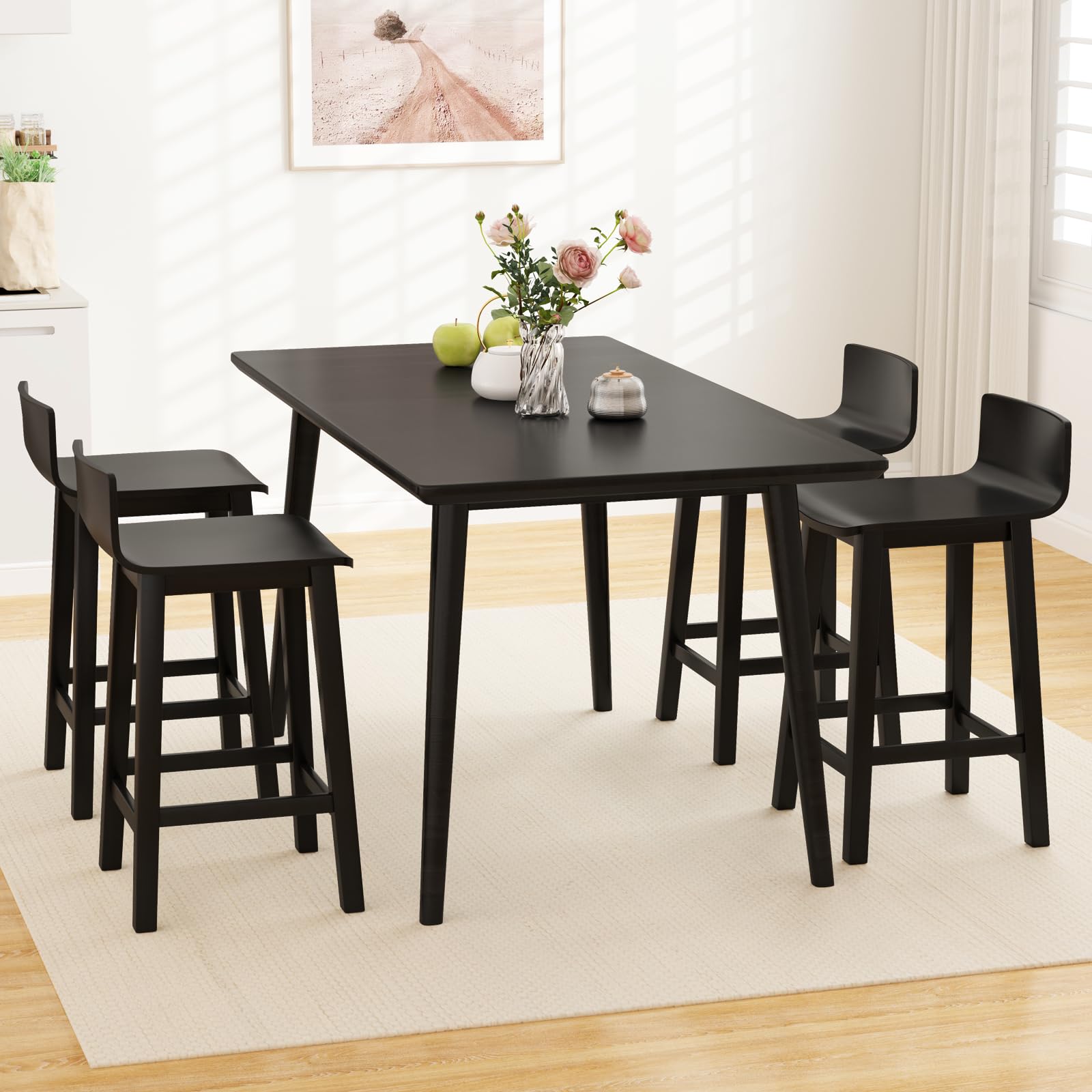Solid Wood Bar Stools Set of 2/4, Counter Height Chairs with Low Back and Footrest