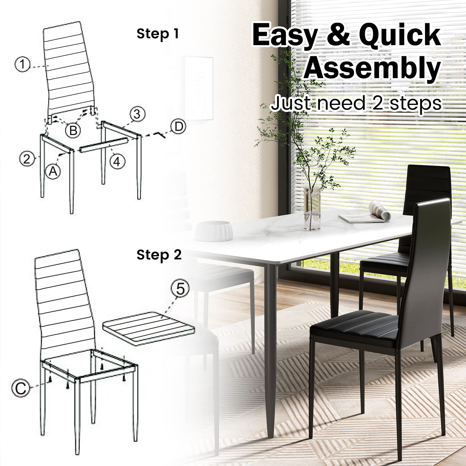 Black Polyvinyl Chloride Metal Dining Chair Set of 6 - Ergonomic High Back, Soft Padded Seat and Back